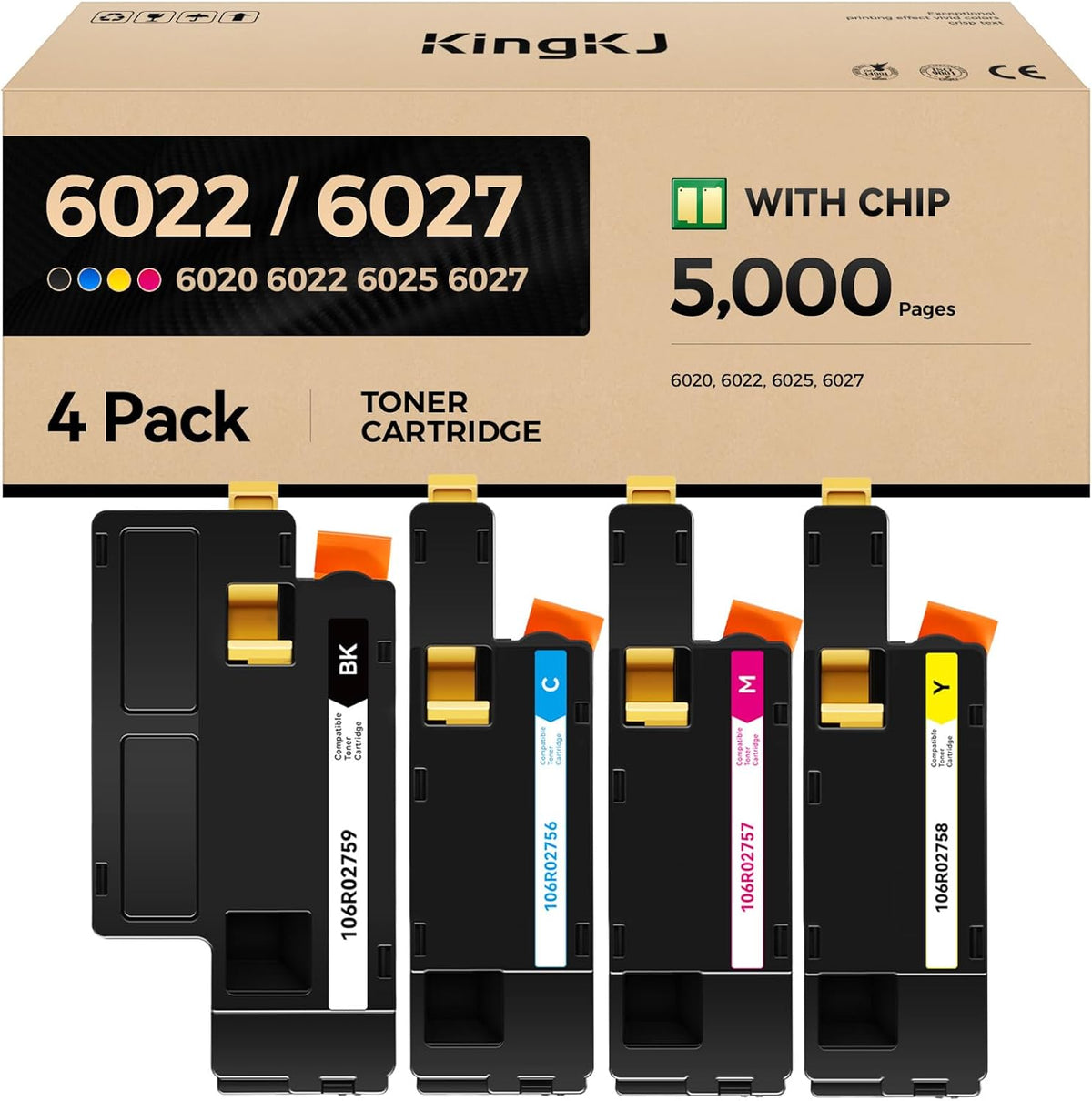6022 6027 Toner Cartridge Set 4-Pack High-Yield Replacement for 106R02759 106R02756 106R02757 106R02758 Compatible for Xerox Phaser 6020 6022 WorkCentre 6025 6027 Printer Ink Black Cyan Magenta Yellow