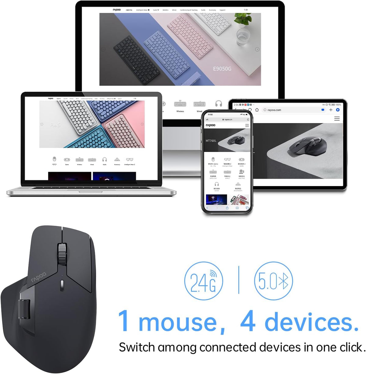Rapoo MT760Mini Bluetooth Wireless Mouse - Bluetooth 5.0 and 2.4GHz Multi-Mode Connection, Support 4 Devices, M+ Cross Computer Technology, 11 Programmable Buttons, Matte Black