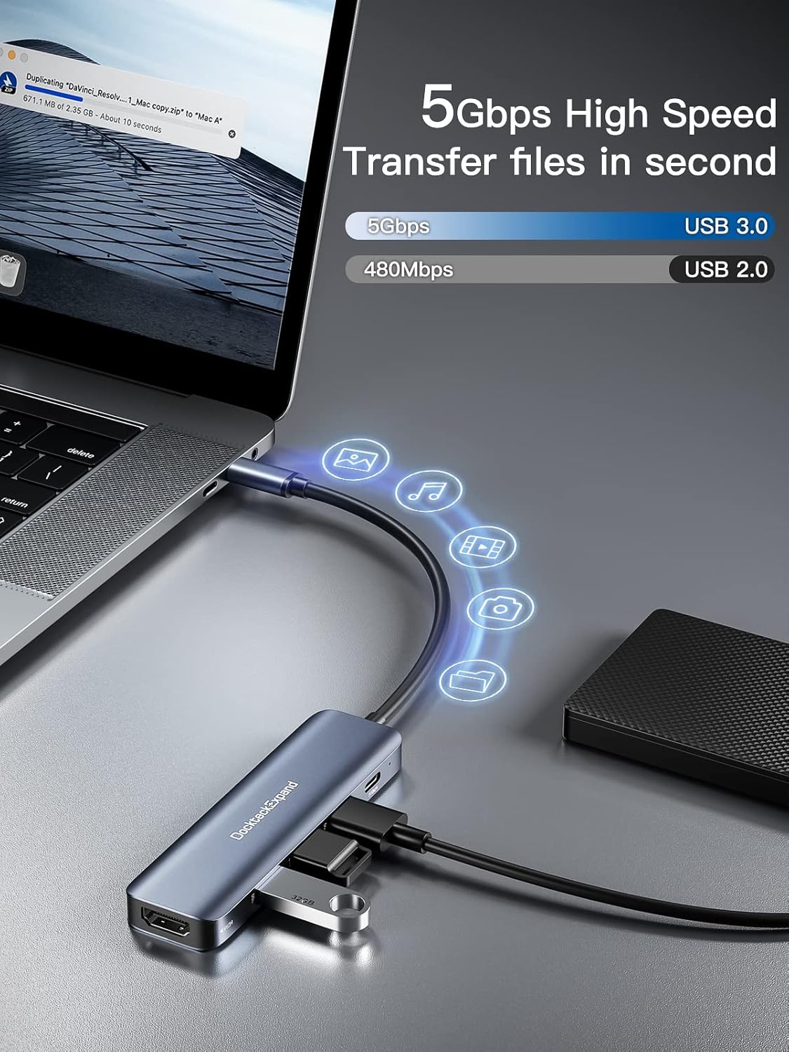 USB C HUB, DockteckExpand USB-C Multiport Adapter 5 in 1 with 4K HDMI, 100W Power Delivery, 3 USB 3.0 Data Ports for MacBook Pro/Air, iPad Pro/Air/Mini 6 and More