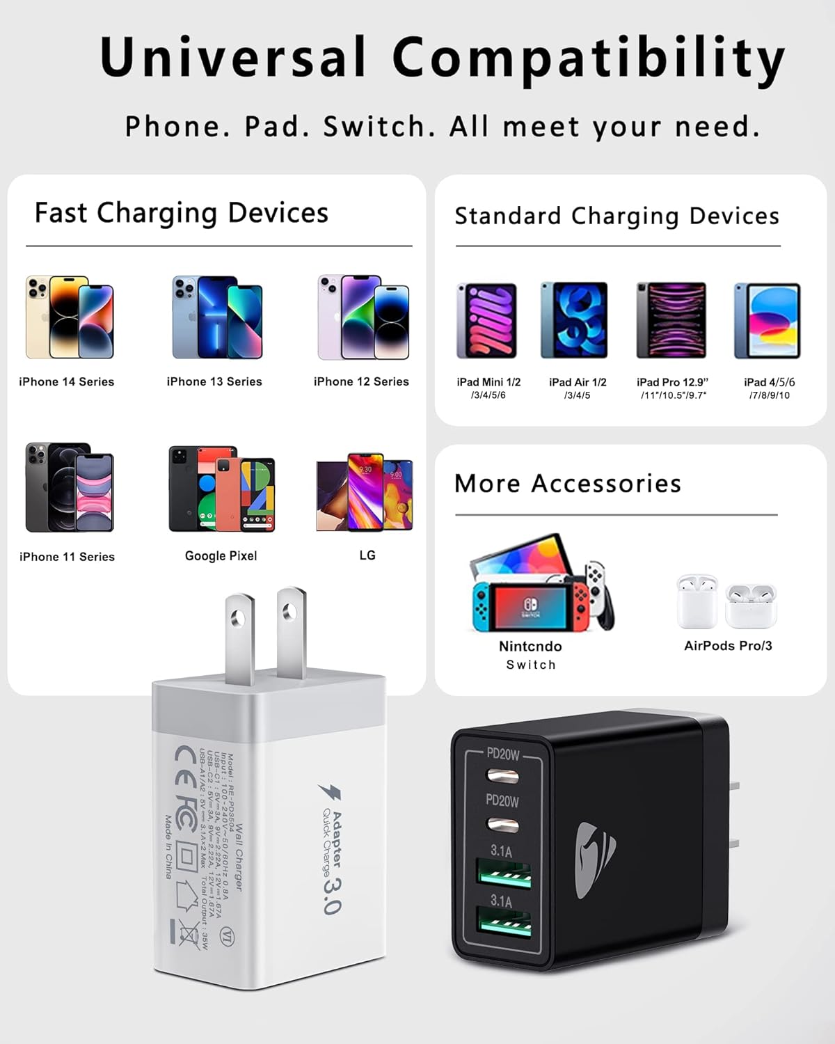 [2-Pack] USB C Wall Charger, Aiminu 40W Fast USB C Charger, 4-Port QC+PD 3.0 Power Adapter Double Fast Wall Plug Type C Charging Block for iPhone 15/14 Pro Max/13/12 mini/11/XS/XR,Tablet, Cube