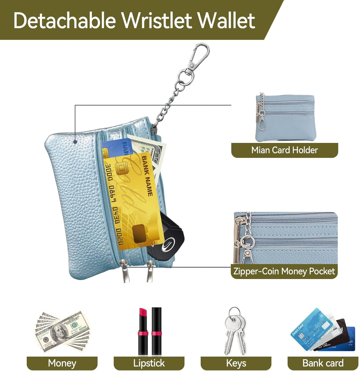 Clip and Go Strap for Phone Silver Metal Chain with Blue Pouch Wallet Crossbody Phone Lanyard for Women with Cell Phone Stand Holder 2 Patches Tether Adjustable Anti Theft for iPhone 16 15 All Phones