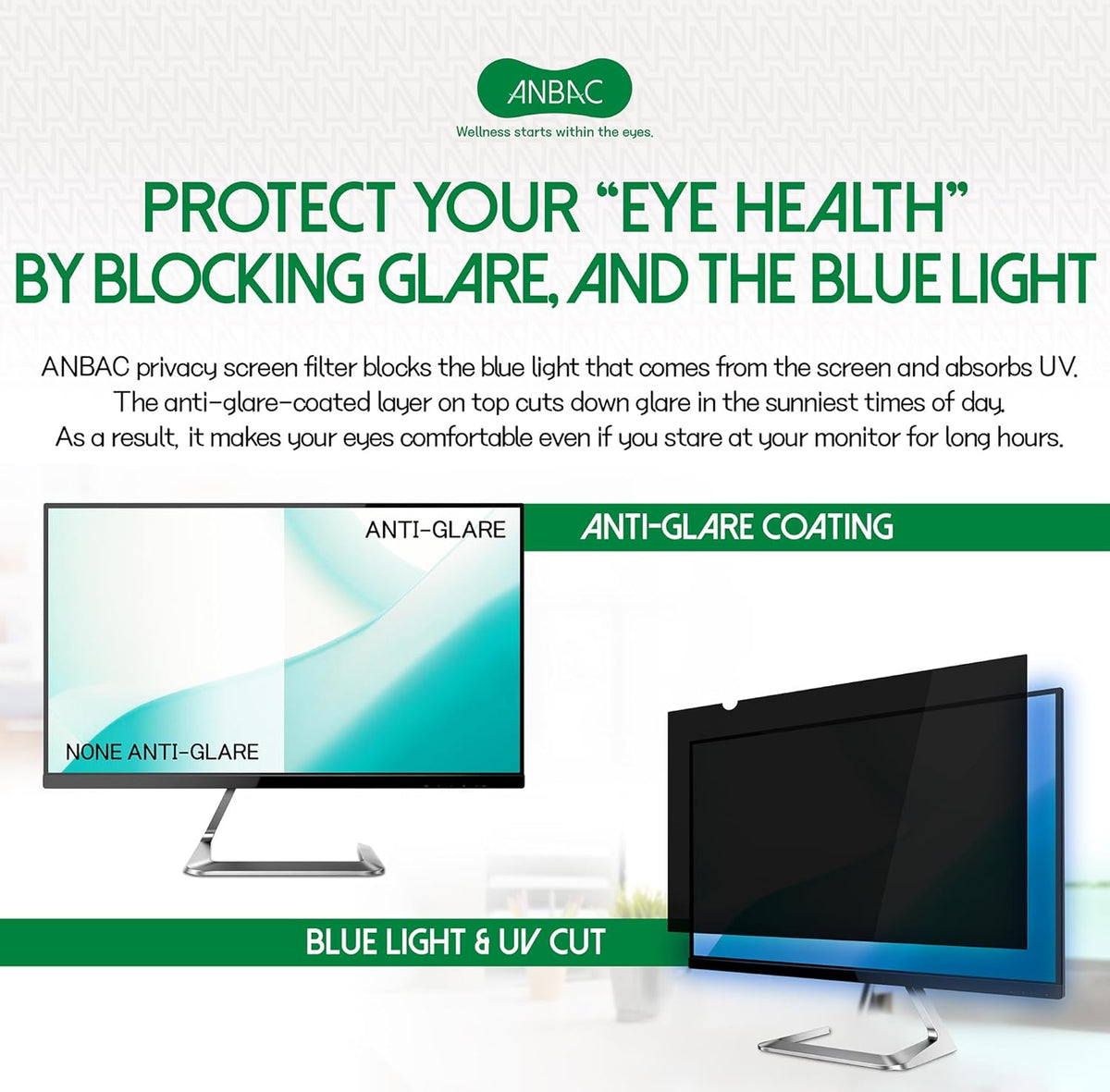 19 Inch Desktop Privacy Screen Shield for 16:10 Wide Monitor - Anti Glare Computer Privacy Screen Cover | Blue Light Blocking Screen Protector | Scratch Resistant UV Filter | Attachment Type