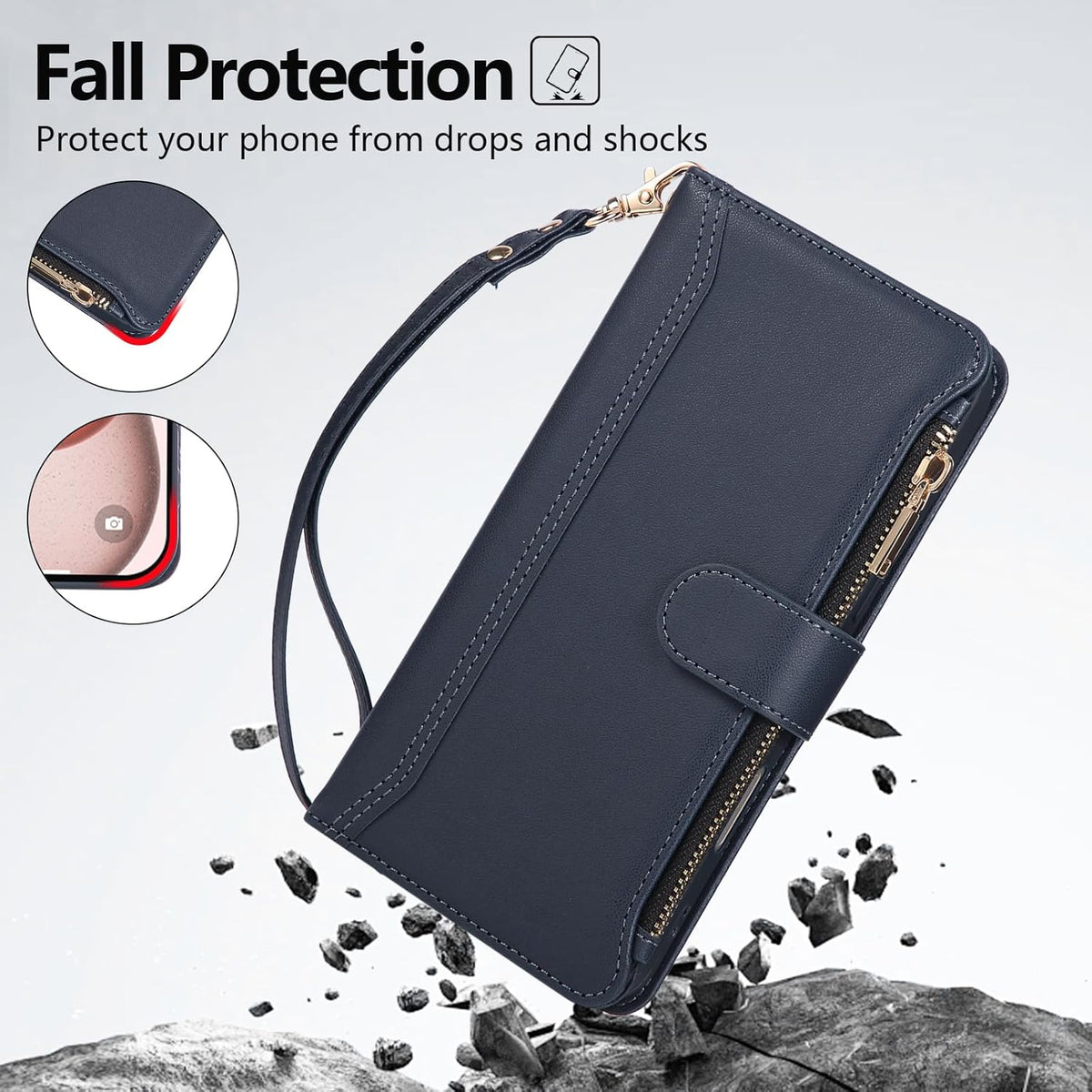 Compatible with iPhone 15 Pro Max Wallet Phone Case-PU Leather Magnetic Flip Cover with Credit Card Slots,Zipper Pocket & Detachable Wrist Strap,Shockproof Design,for Women and Men-Navy Blue