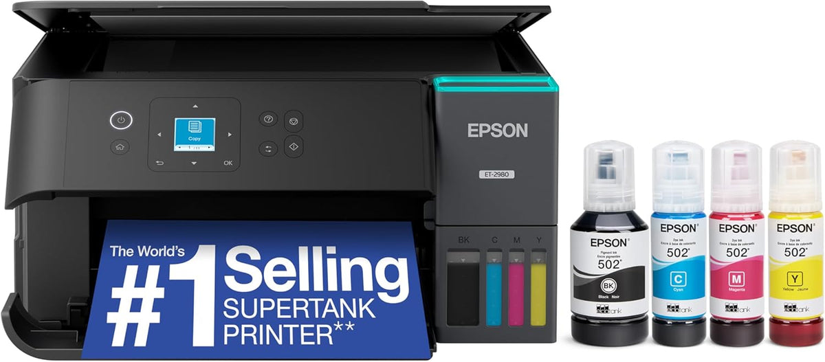 Epson EcoTank ET-2980 Wireless All-in-One Color Supertank Printer with up to 3 Years of Ink, Refillable Tanks, Perfect for Home, 15 PPM, 1.44" Color Screen, Auto 2-Sided Printing - Black