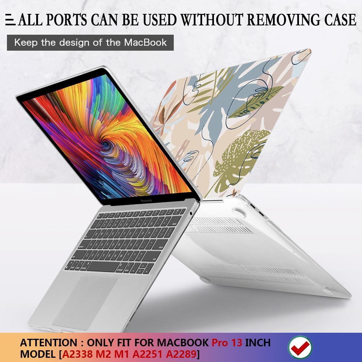 CISSOOK for MacBook Pro 13 inch Case 2023 2022 2021 2020 Release A2338 M2/M1 Chip A2251 A2289, Plastic Hard Shell Case with Keyboard Cover Compatible with MacBook Pro 13 with Touch Bar - Face&Leaf