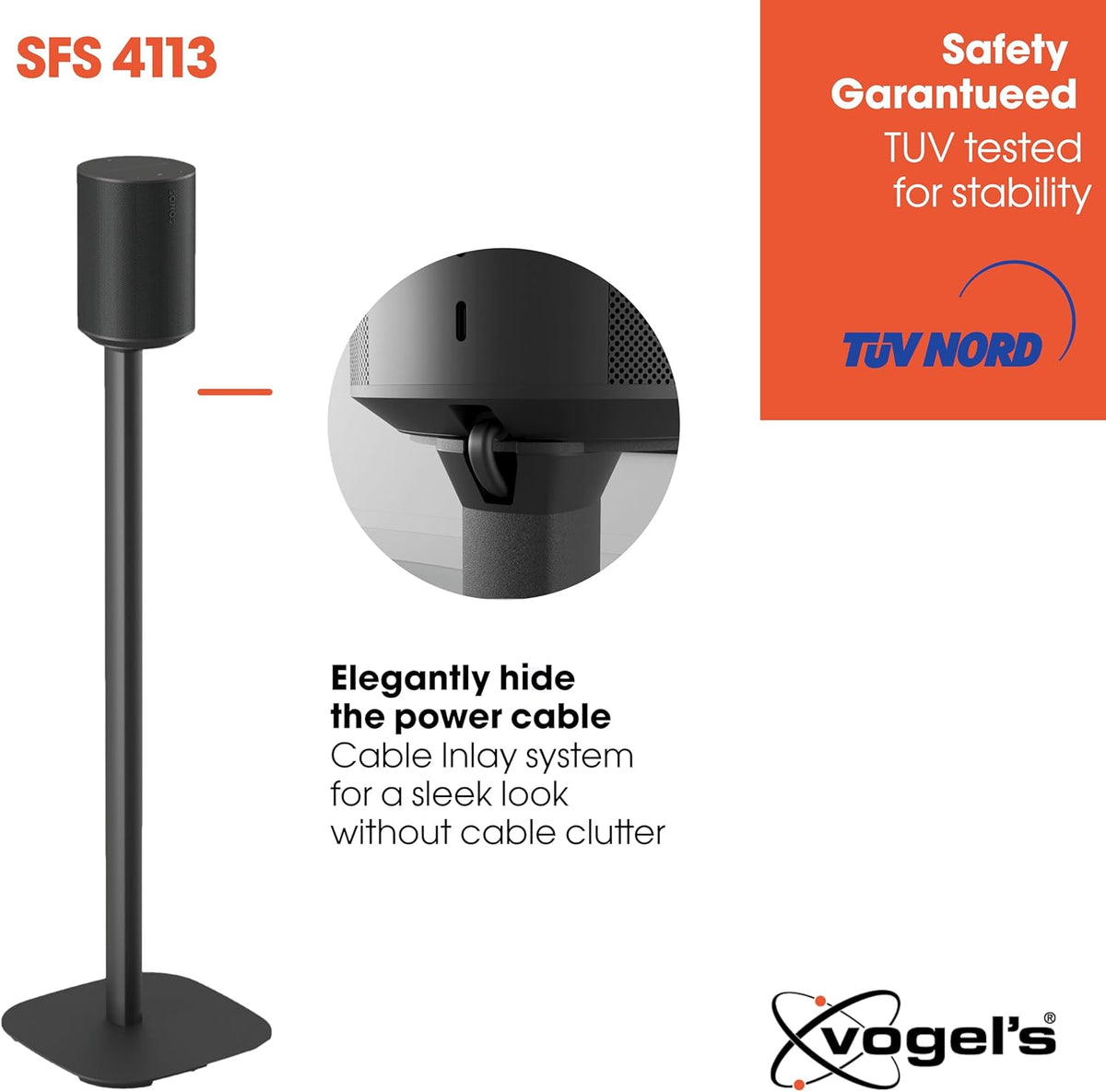 Vogel's SFS 4113 Speaker Floor Stand for Sonos ERA 100, Cable Inlay System, Height: 32,3 inch (82 cm), Exceptionally Stable, Black, 1 Floor Stand