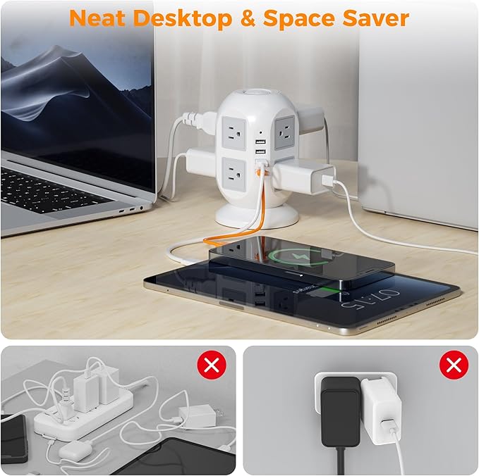 TESSAN Tower Power Strip 15 ft, Long Flat Extension Cord，Multiple Outlets