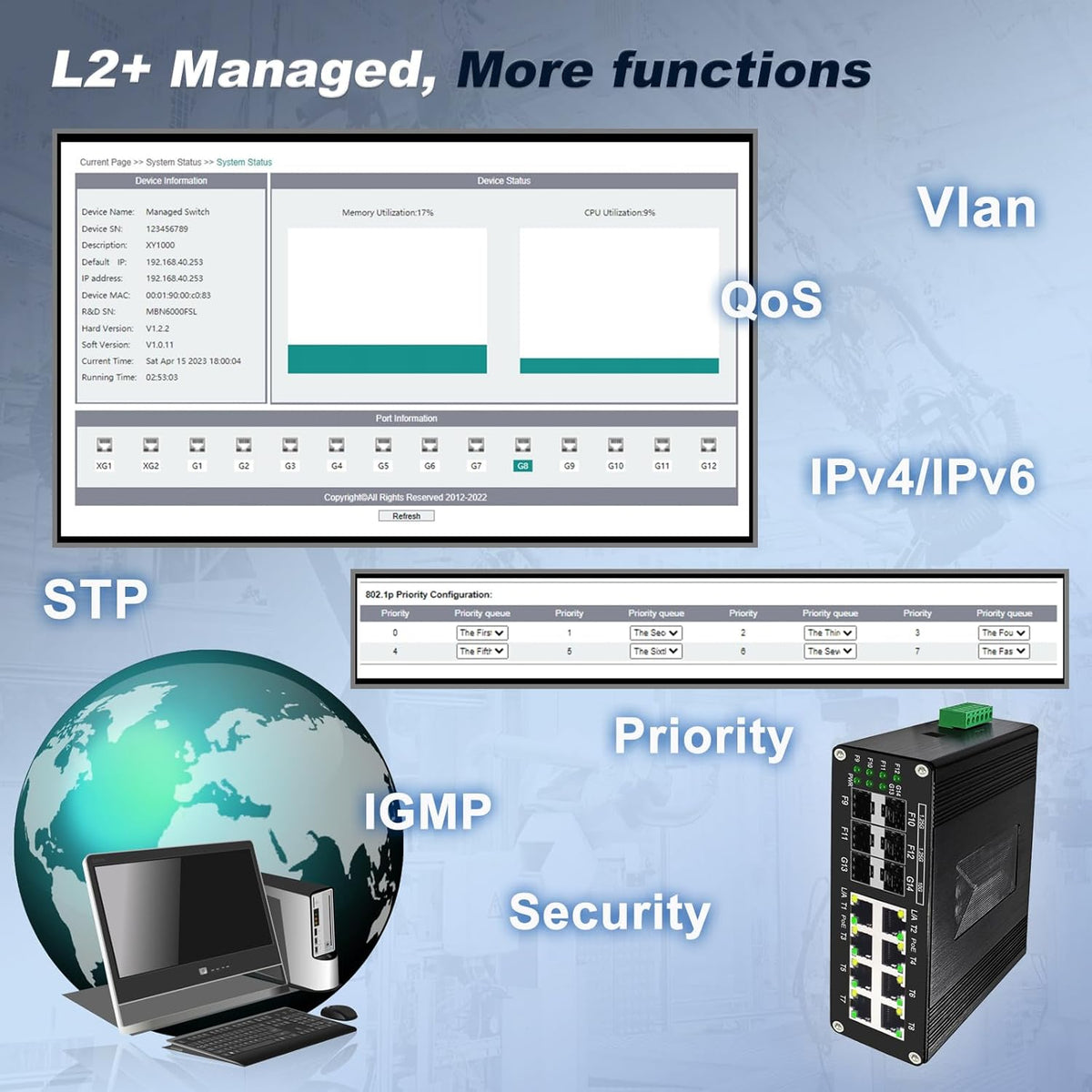 Industrial Managed 10G Ethernet PoE Switch, 2*10G SFP + Slot+4*Gigabit SFP Slot +8*RJ45 Port, PoE Networking Switch Supporting Din-Rail, 48~57VDC Power Input