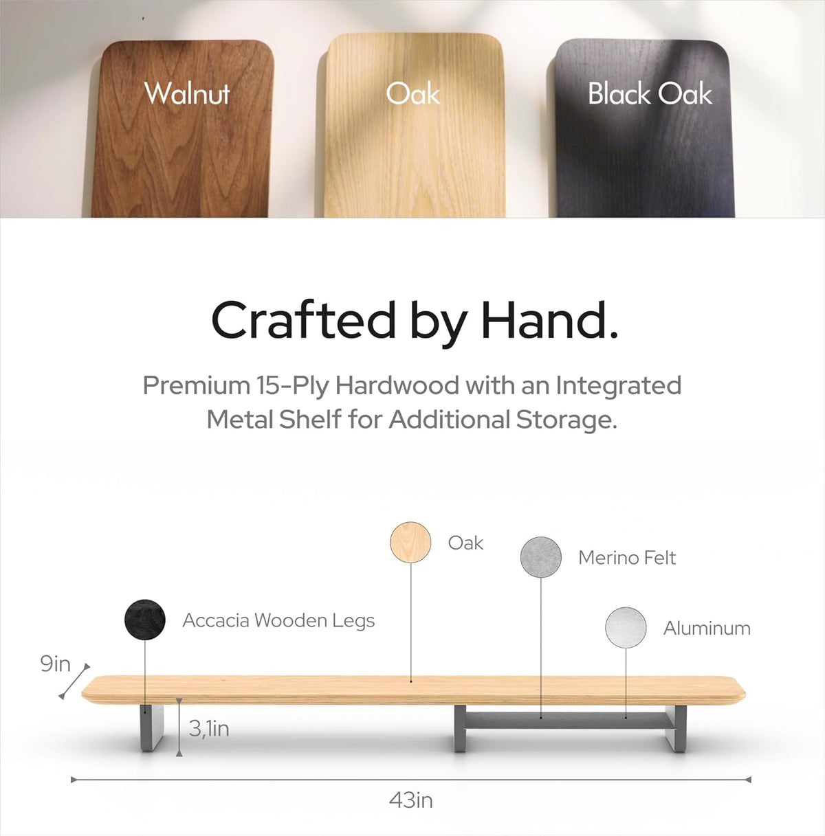 KIVY Dual Monitor Riser With Integrated Metal Shelf [MADE BY HAND] - Wooden Desk Shelf for 2 Monitors - Wide Long Stand for Desk (44 x10x3in - Oak)