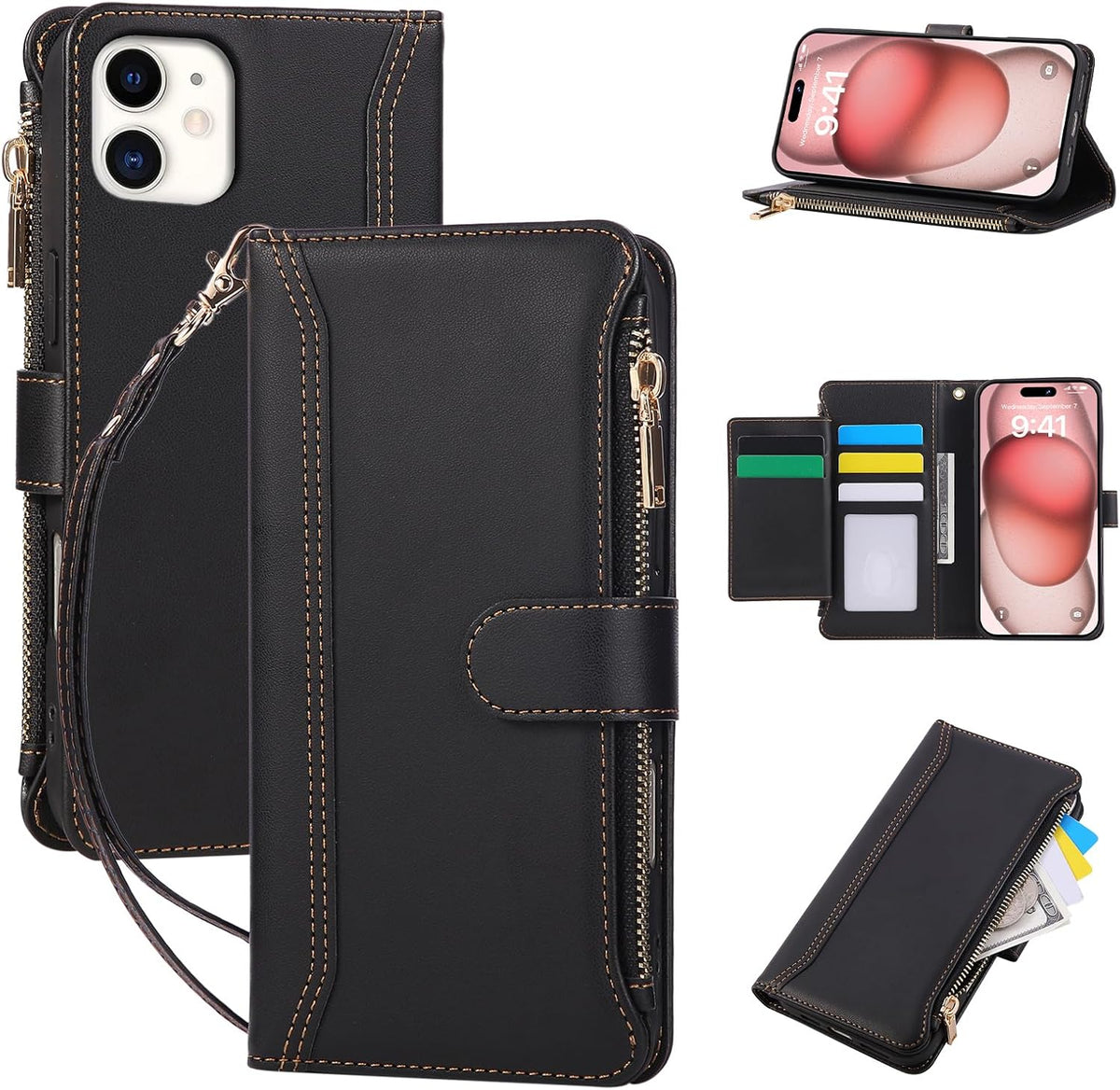 Compatible with iPhone 11 Wallet Phone Case-PU Leather Magnetic Flip Cover with Credit Card Slots,Zipper Pocket & Detachable Wrist Strap,Shockproof Design,for Women and Men-Black