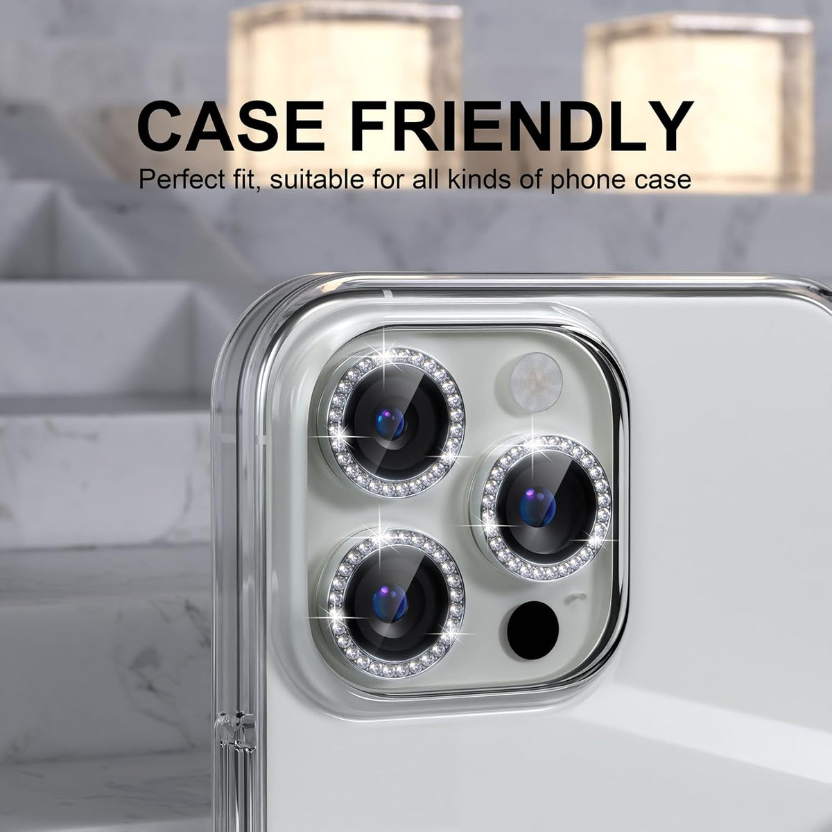Choiche Compatible for iPhone 16 Pro/iPhone 16 Pro Max Camera Lens Protector Bling, 9H Tempered Glass Camera Cover Screen Protector Metal Ring Decoration Accessories (Diamond-Silver)