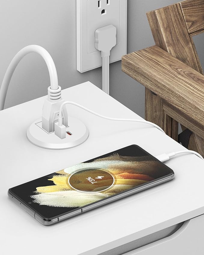 Desktop Power Grommet 2 Inch Hole, PD 30W USB C Fast Charging Station, Recessed Outlet, Ultra Thin Flat Plug Power Strip, Slim Extender, Table Outlets for Home, Office, 6ft Cord, White