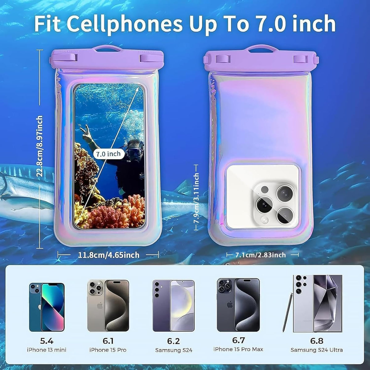 Floatable Waterproof Phone Pouch for iPhone 16 Pro Max/15/14/13/12, IP68 Travel Cellphone Dry Bag Beach Cruise Ship Essentials Bags with Crossbody Lanyard, Iridescent Purple and Pink-7″2 Pax