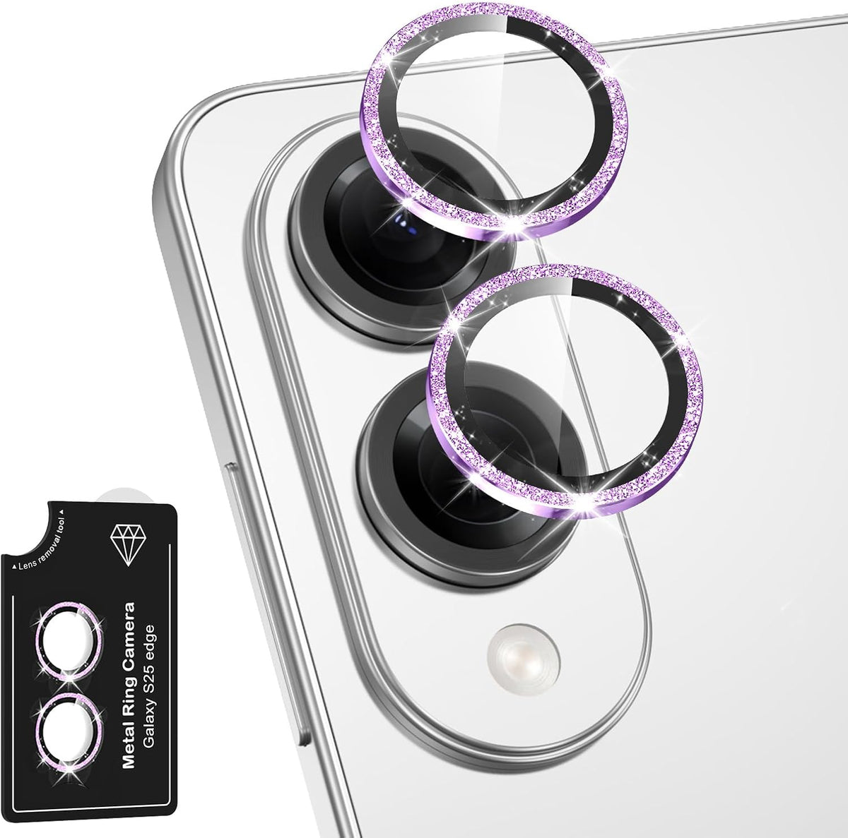 for Samsung Galaxy S25 Edge Camera Lens Protector, Individual Metal Ring Tempered Glass Lens Cover, [Strong Adsorption] Scratch Resistant Ultra-Thin HD Clear Lens Cover, 1 Set-Purple Sparkly