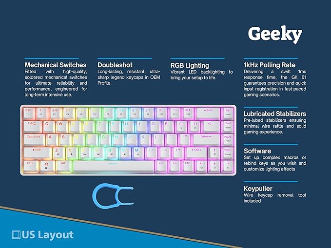 Geeky GK65 SE 65% | Mechanical Gaming Keyboard | 68 Keys Multi Color RGB LED Backlit for PC/Mac Gamer | ANSI US American Layout (White Mechanical Speed Silver)