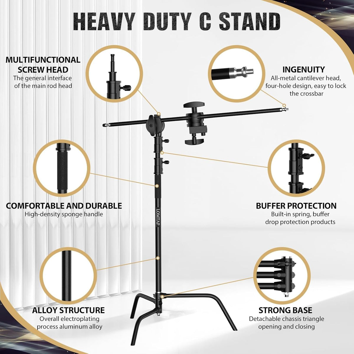 LOMTAP C Stand Light Stand Stainless Metal Photography Kit - Heavy Duty 6.8ft/210cm Vertical Pole, 2.8ft/87cm Boom Arm, Adjustable Base, Water Sandbag, 2 Grip Heads, 3 Clips for Softbox, Reflector