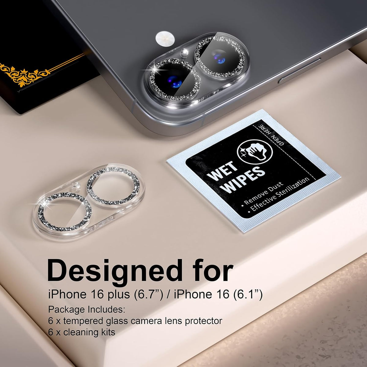 beuxece for 6 Pack iPhone 16 / iPhone 16 Plus Camera Lens Protector [Drop Protection] [Case Friendly] [Easy Installation] 9H Tempered Glass Camera Screen Protector Cover Accessories, Glitter Black