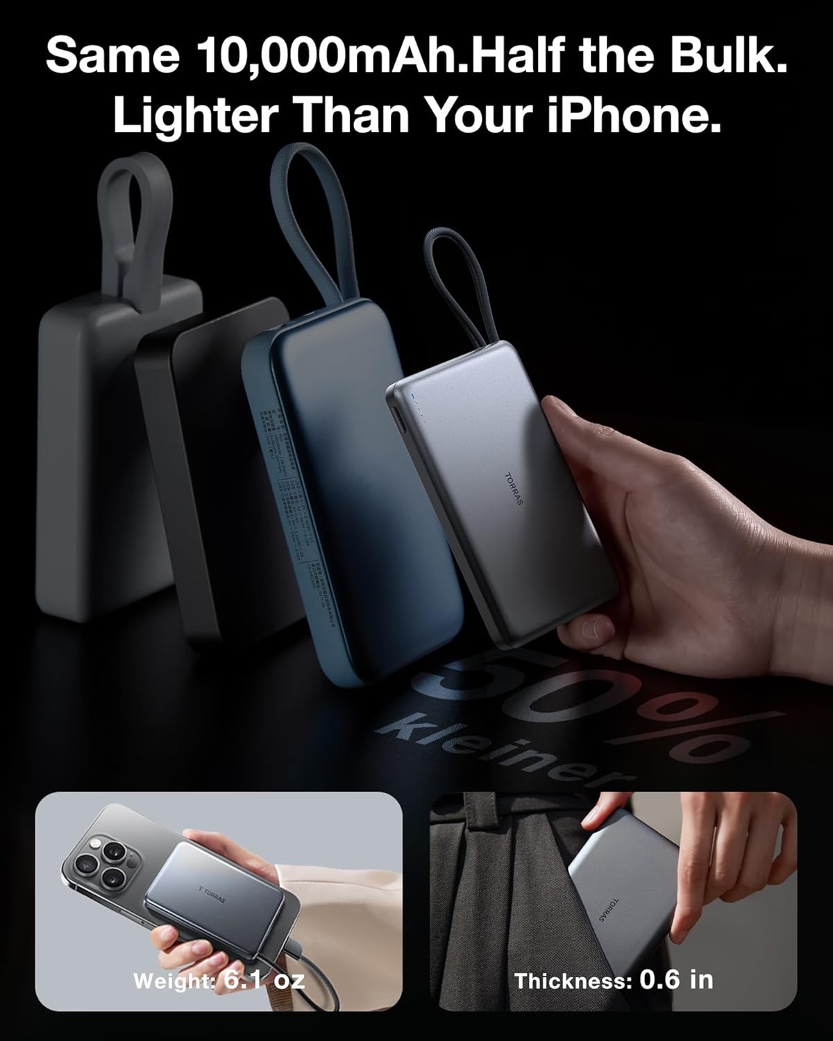 TORRAS Power Bank with Built-in USB-C Cable, Ultra-Slim 10,000mAh Portable Charger USB C, 22.5W Fast Charging Battery Pack for iPhone 16/15/Samsung S24 Ultra/Android, Glacier Grey (No-Wireless)