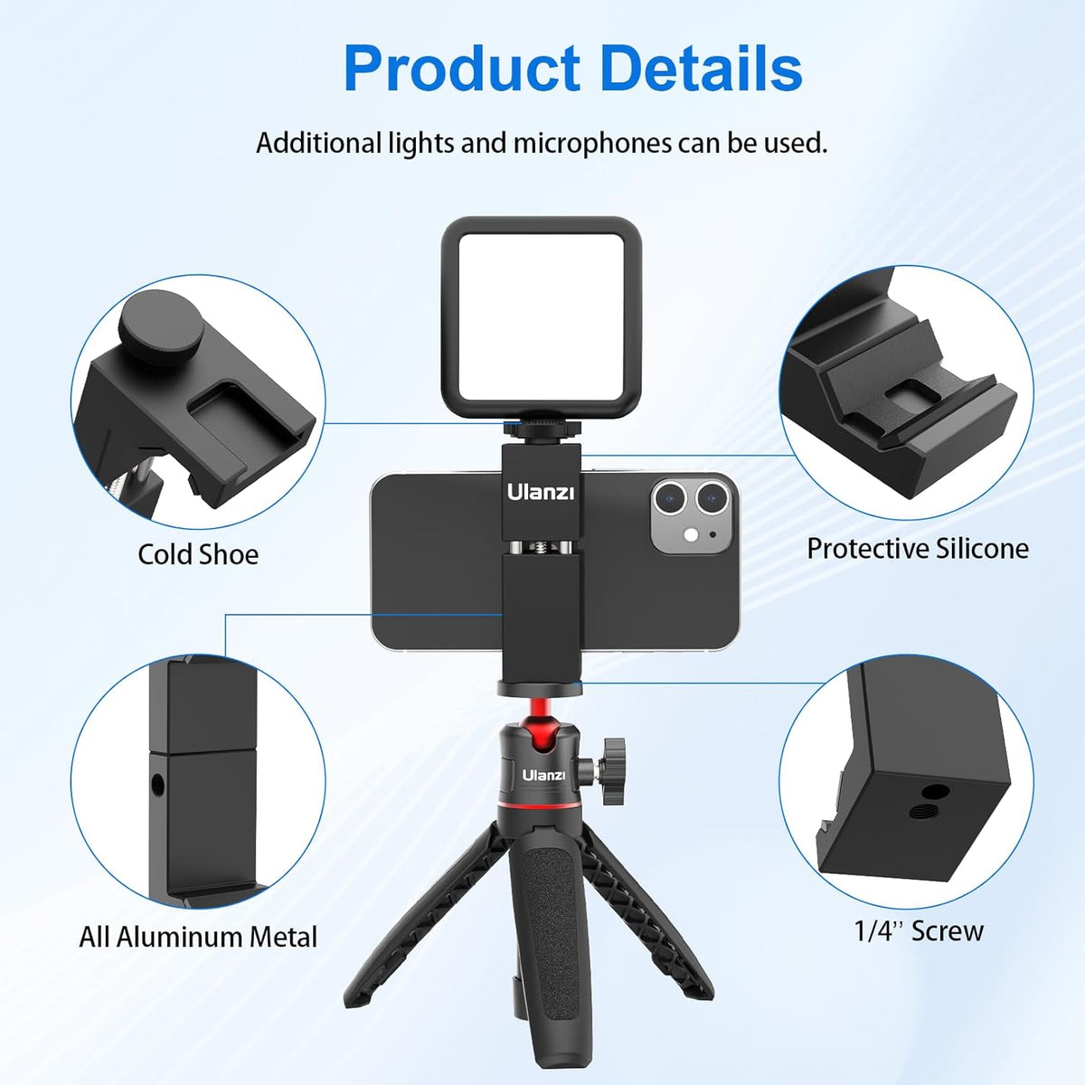 ULANZI ST-02S Aluminum Phone Tripod Mount w Cold Shoe Mount, Support Vertical and Horizontal, Universal Metal Adjustable Clamp for iPhone 12 11 Pro Xs X Max 8 7 Plus Samsung Android Smartphones