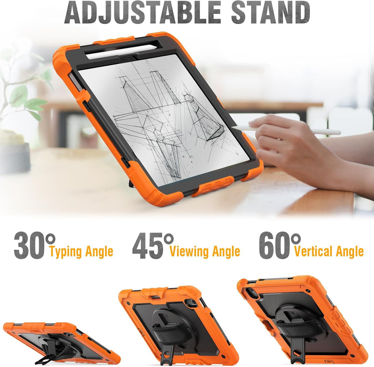 HXCASEAC Case for iPad Air 11 inch (2025 M3 / 2024 M2), Shockproof Design with Pencil Holder/Screen Protector/Rotating Hand Strap, Protective Cover for iPad Air 7th/6th Generation - Orange