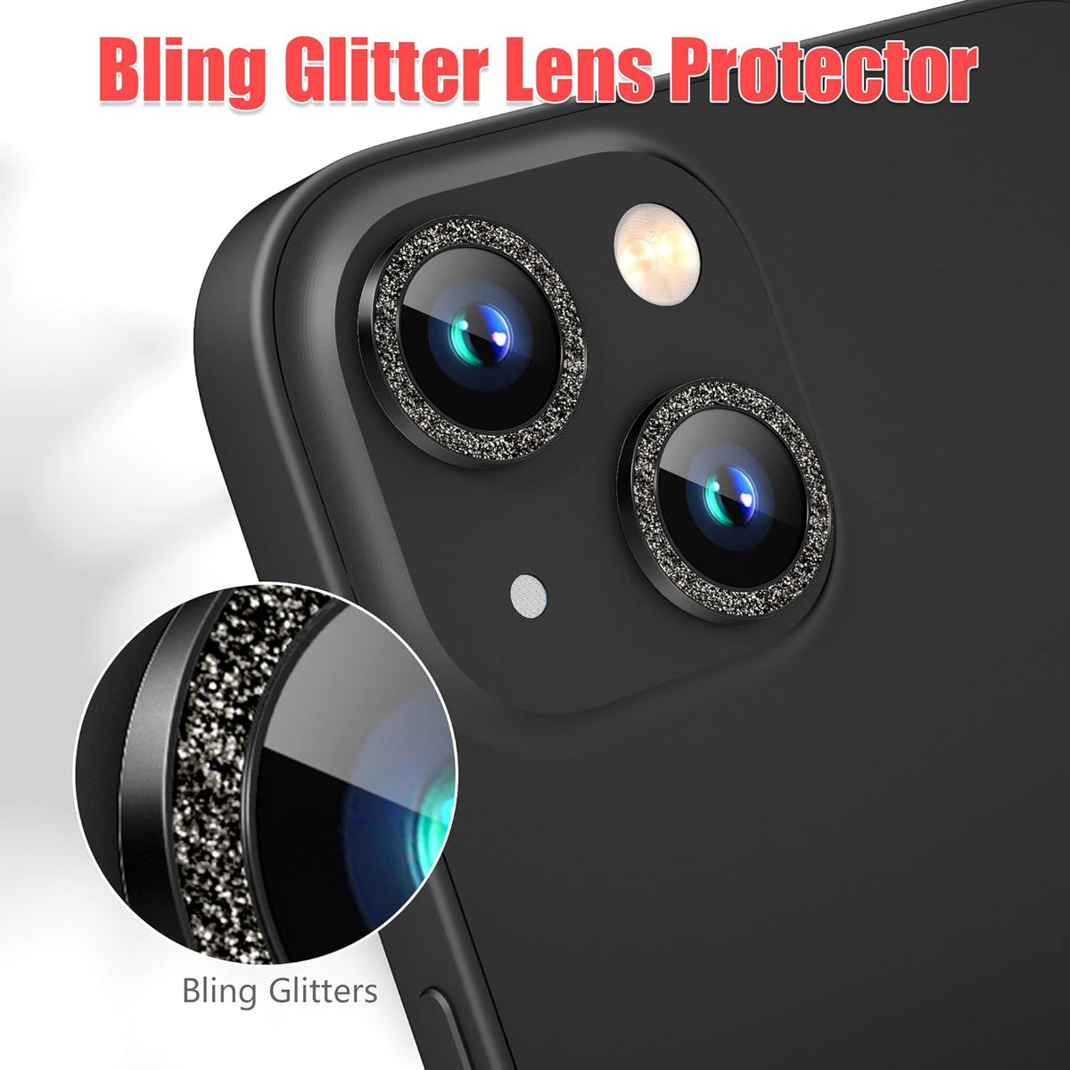 AGVEE 3+3 6 Pack for iPhone 15/15 Plus, Bling Diamond & Glitter Metal Ring 9H Tempered HD Glass Camera Protector Cover Film
