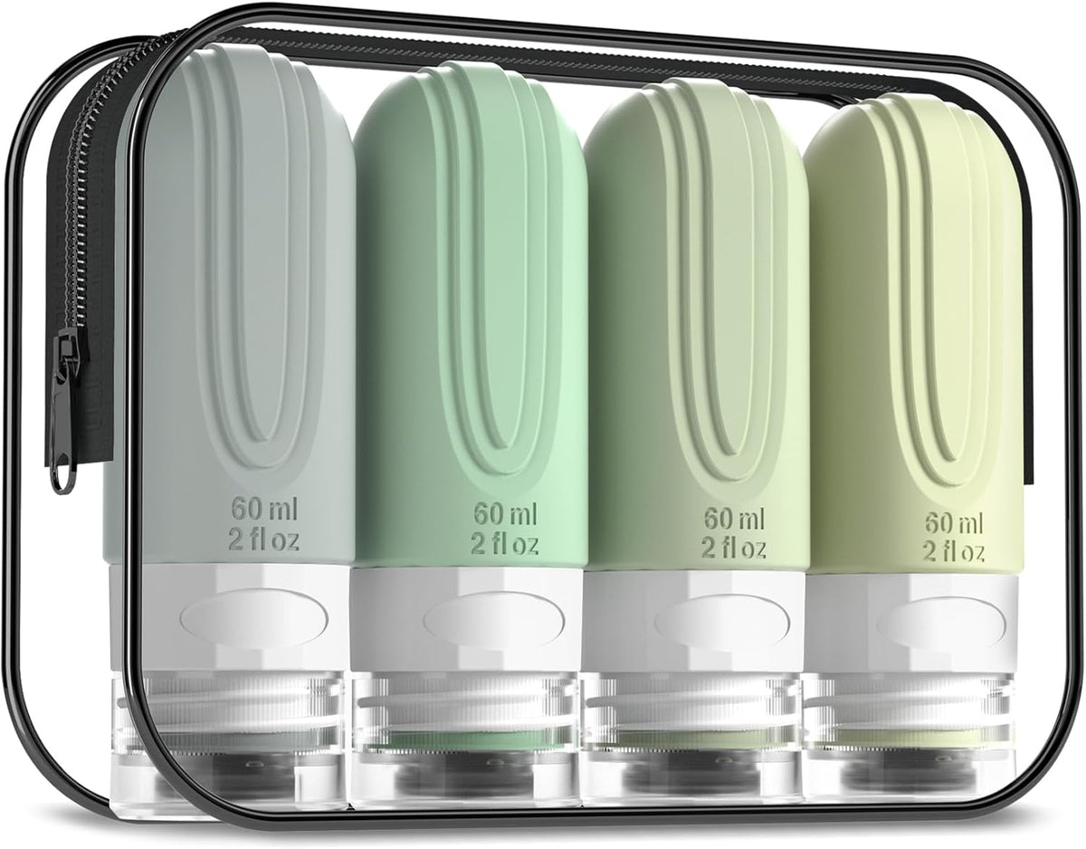Travel Bottles for Toiletries, Tsa Approved 2oz Travel size Bottles, BPA Free Leak Proof Travels Toiletry Containers, Traveler Accessories with Toiletry Bag for Shampoo Liquid (4 Pack)