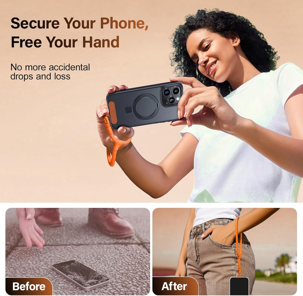 Phone Wrist Strap, Universal Adjustable Hand Wrist Strap Lanyard for iPhone 16 and Most Smartphones, Multifunctional Patch Lanyard with Phone Tether Tab for Women and Men, Orange
