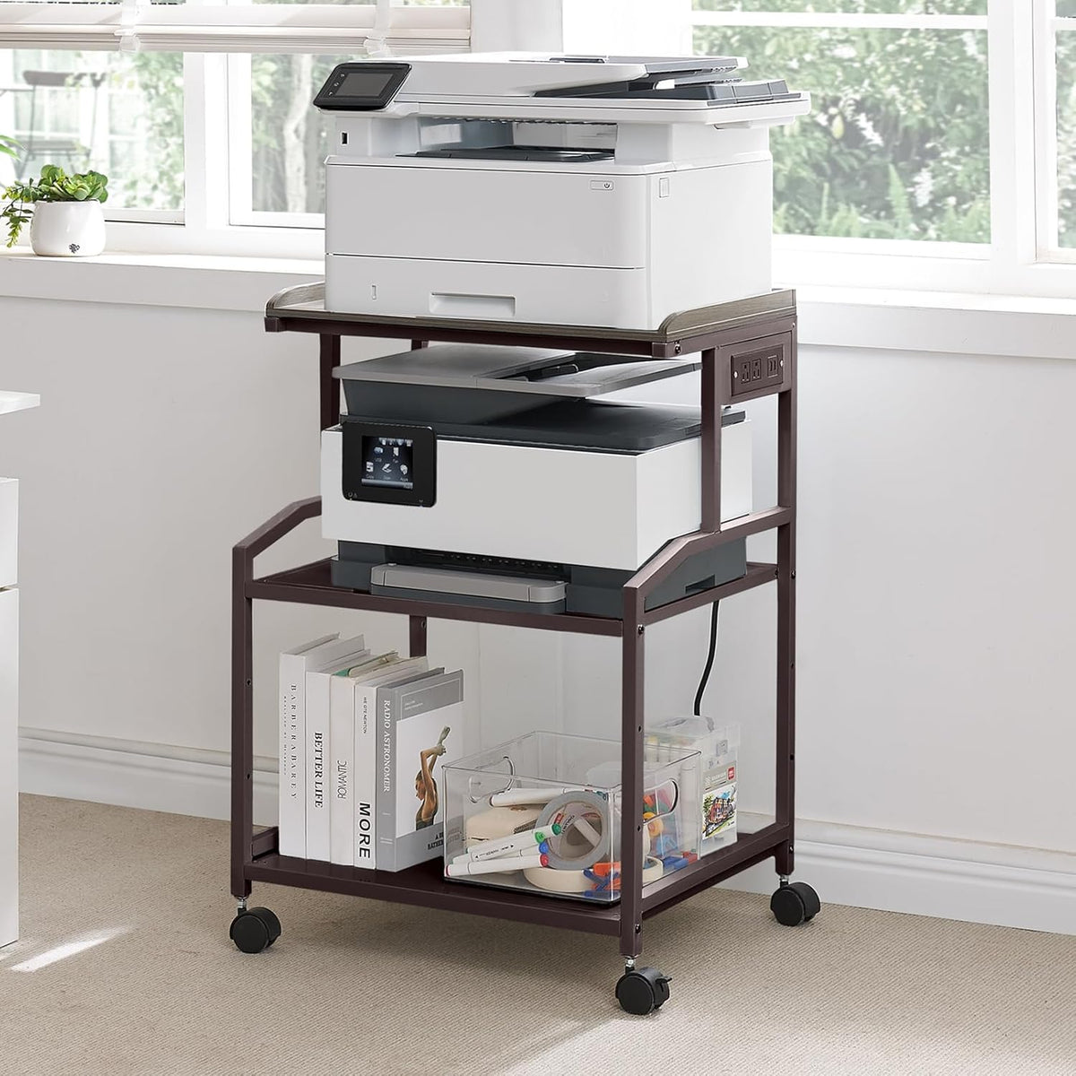 Lauren&Harold 34'' Printer Stand with Power Outlets & USB Ports, 3-Tier Adjustable Rolling Cart, Heavy Duty 150LBS Storage Table with Wheels for Office, Kitchen, Living Room, Bronze