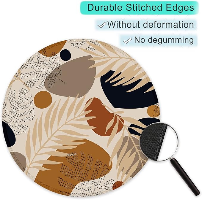ITNRSIIET Round Mouse Pad with Stitched Edge Premium-Textured Waterproof Non-Slip Rubber Base Desktop Protection Mat Diameter 8.7 inches, Abstract Modern Leaves