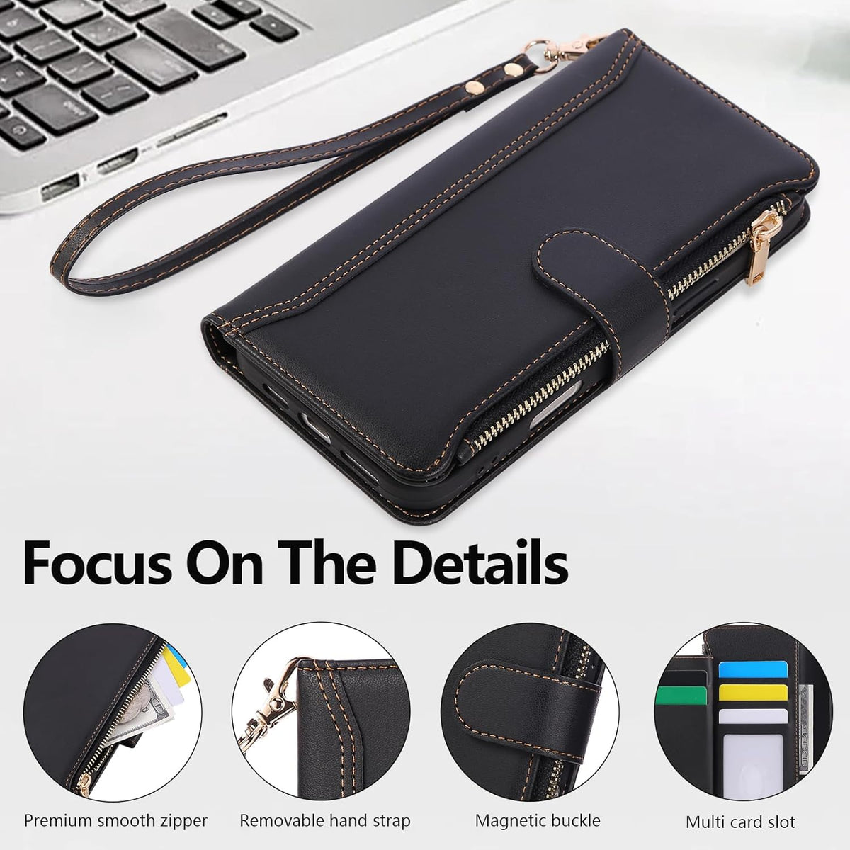 Compatible with iPhone 13 Pro Wallet Phone Case-PU Leather Magnetic Flip Cover with Credit Card Slots,Zipper Pocket & Detachable Wrist Strap,Shockproof Design,for Women and Men-Black