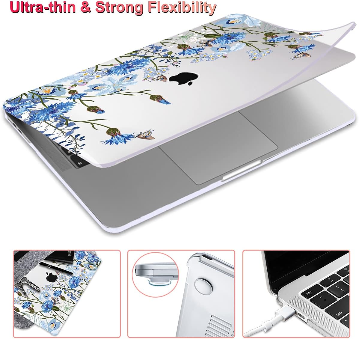 for MacBook Pro 13 Inch Case 2022 M2 2020 2021 A2338 M1 A2251 A2289 with Touch Bar & Touch ID, Plastic Hard Case Keyboard Cover Screen Protector Webcam Cover Brush, Tropical Blue Flowers