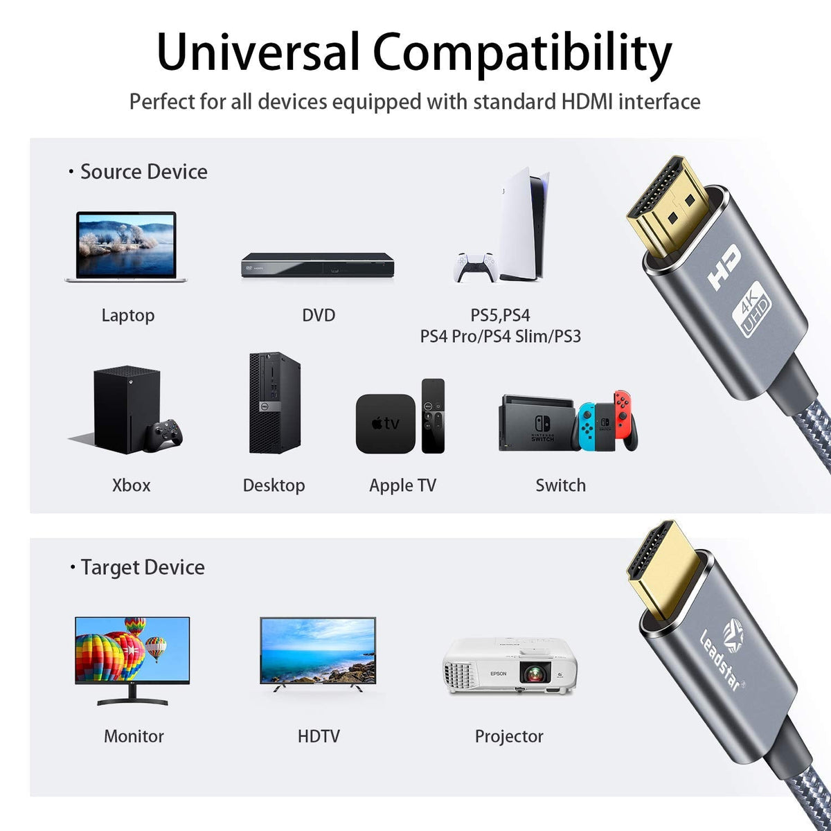 4K 25 /7.5m, 2.0 4K@60Hz, 2160p, 3D, 2.2 PS5, LEADSTAR HDMI Cable ft High Speed HDMI Cord Braided | Ultra HD, ARC, HDR
