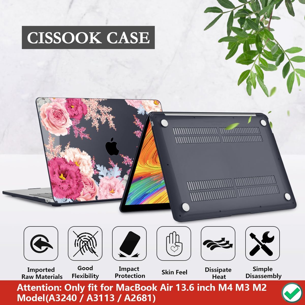 CISSOOK Laptop Cover, Hard Shell Case with Keyboard Cover for MacBook Air 13.6 inch M3 A3113 & M2 A2681, Gorgeous Flowers