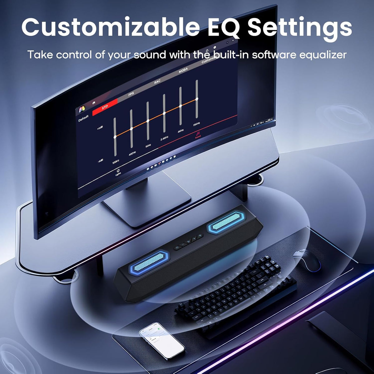 Deeyaple Computer Speakers, 40W Wireless Soundbar for Desktop PC with Bluetooth 5.3 & USB Audio, Dynamic RGB Lighting, Software Custom EQ, External Power Adapter Gaming Speakers, Laptop, Xbox Black