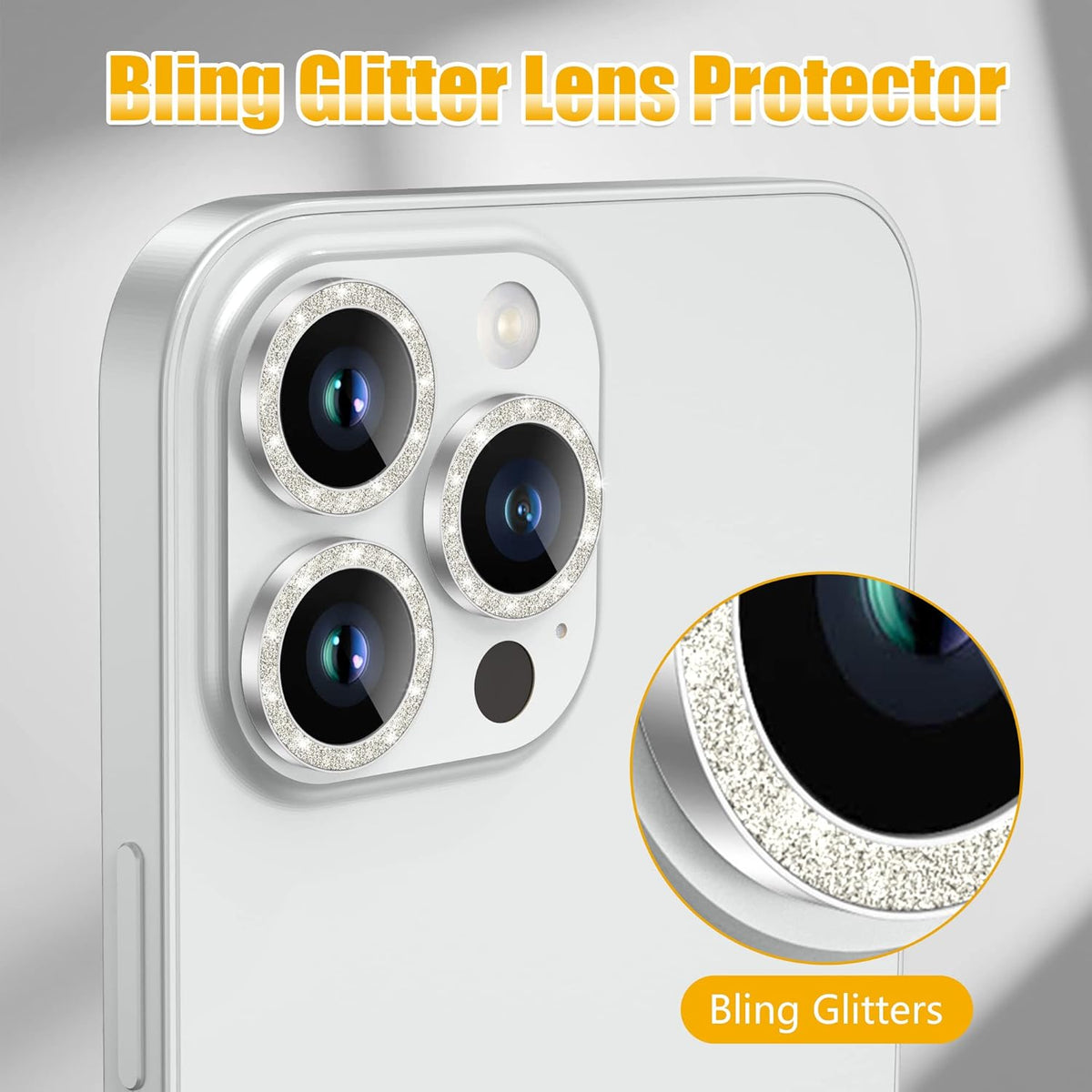 AGVEE 3+3 for iPhone 14 Pro 6.1" / 14 Pro Max 6.7" Camera Lens Protector, Bling Diamond & Bling Glitter Metal Ring 9H Tempered HD Glass Camera Screen Protector Cover Film, Silver