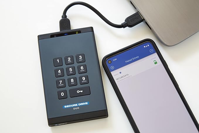 SecureData SecureDrive Duo 4TB Hardware Encrypted USB 3.0 Ext Drive FIPS 140-2 Level 3 Unlock via KeyPad or Phone app TAA Compliant CJIS HIPAA CMMC GDPR Compliant Works with Mac and Win Free AV