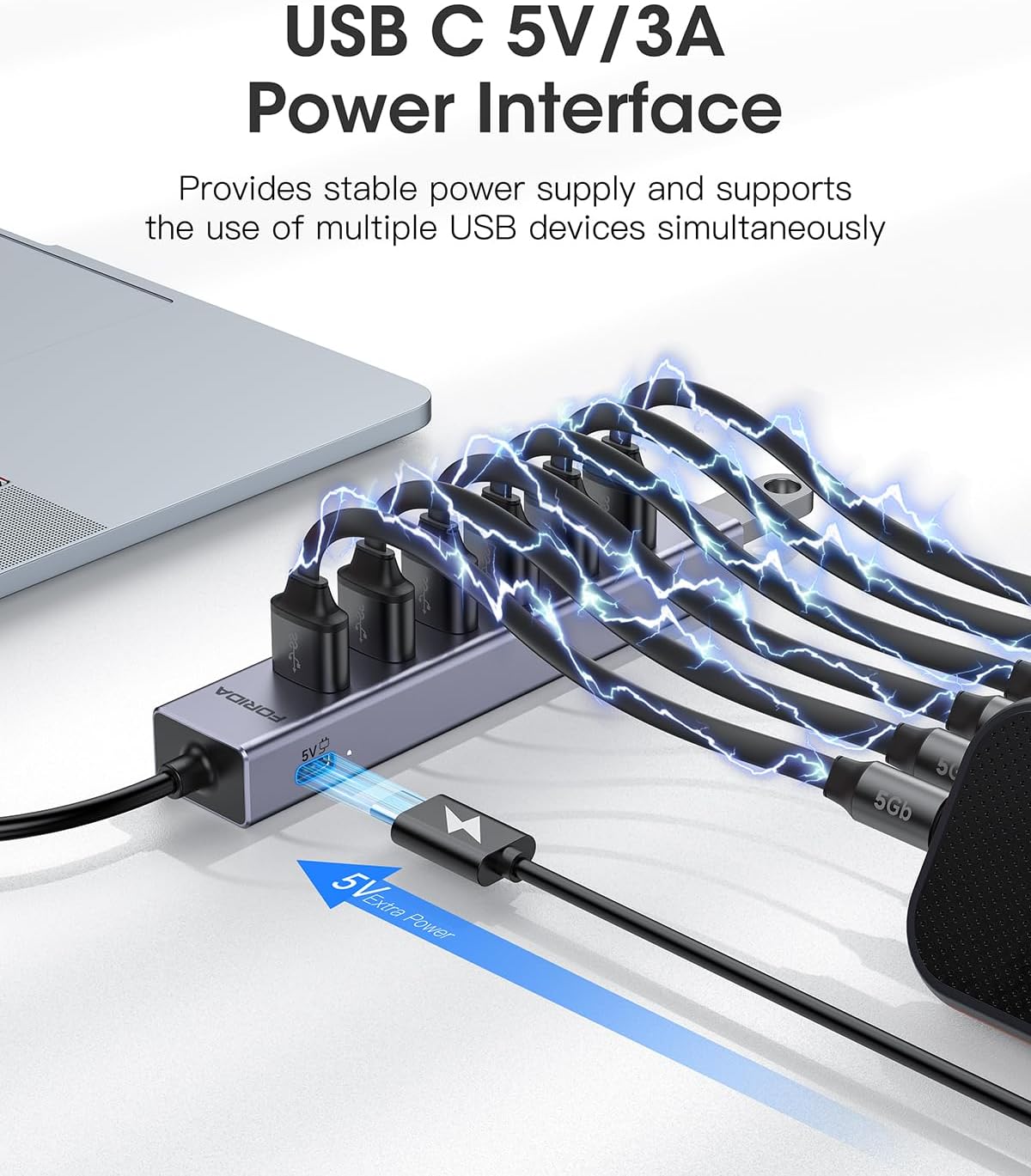 FORIDA USB to USB Hub Long Cable, 8 Ports USB 3.0 Adapter with 7 USB 3.0 Data Ports,USB Splitter with USB C 5V/3A Power Port, 47IN/120CM Main Cable for Laptop PC and More (USB A, 47IN)