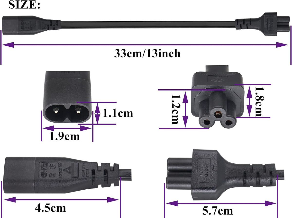 AAOTOKK (2 Pack) 320 C8 C5 Cable,7.5A 125V 8 3Pole etc(33Cm/1ft)(C5 C8) IEC to AC Adapter Figure Male to Mickey Mouse