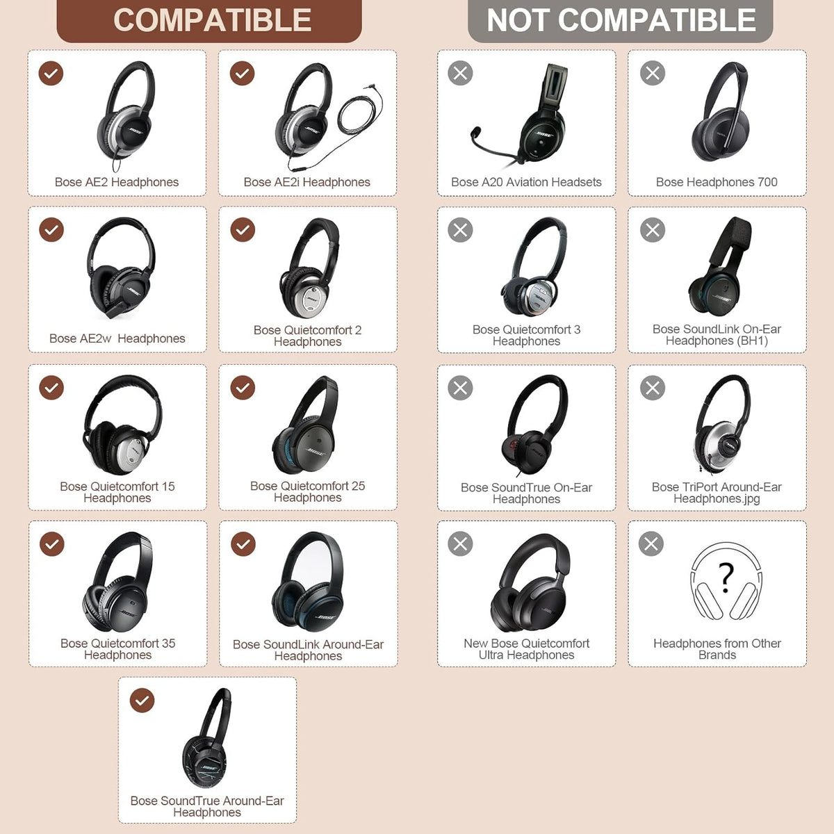Aurivor Replacement Ear Pads Cushions for Bose QuietComfort QC 35 (ii) 25 15 2 Headphones, Upgraded Earpads for QC35 (ii) QC25 QC15 QC2 SoundTrue/SoundLink AE2/AE2i/AE2w Around-Ear Headphones (Brown)