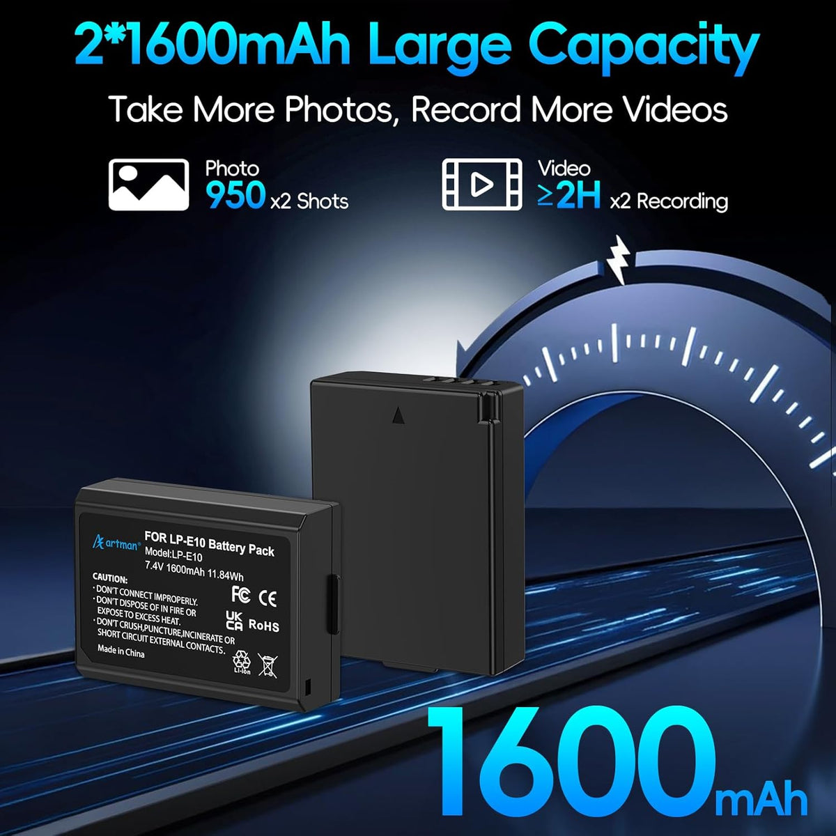 A Artman LP-E10 2-Pack 1600mAh E10 T7 T6 T5 T3 T100, X50 X70 X80 X90, 1100D 1200D 1300D 1500D 2000D 3000D 4000D Artman