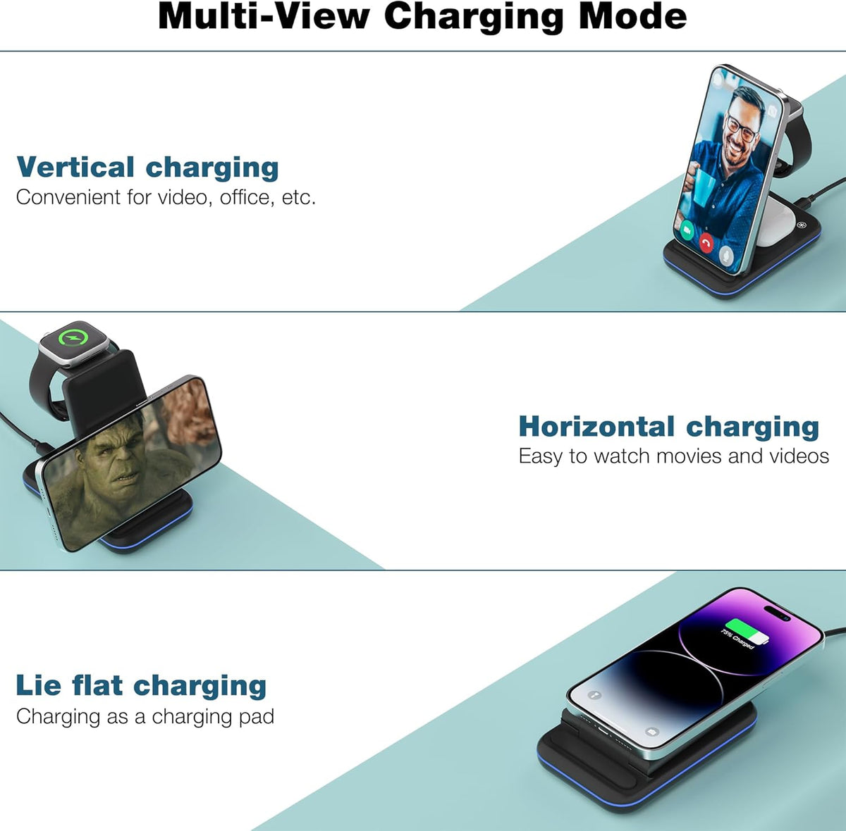 Wireless Charger for iPhone, Foldable 3 in 1 Fast Charging Station/Stand/Multi Charger for iPhone15 14 13 12 11/Xs/XR/X/8, Travel Pad for Apple Watch S8/Ultra/7/6/5/4/3/2/SE, Airpods 2/3/Pro/Pro 2
