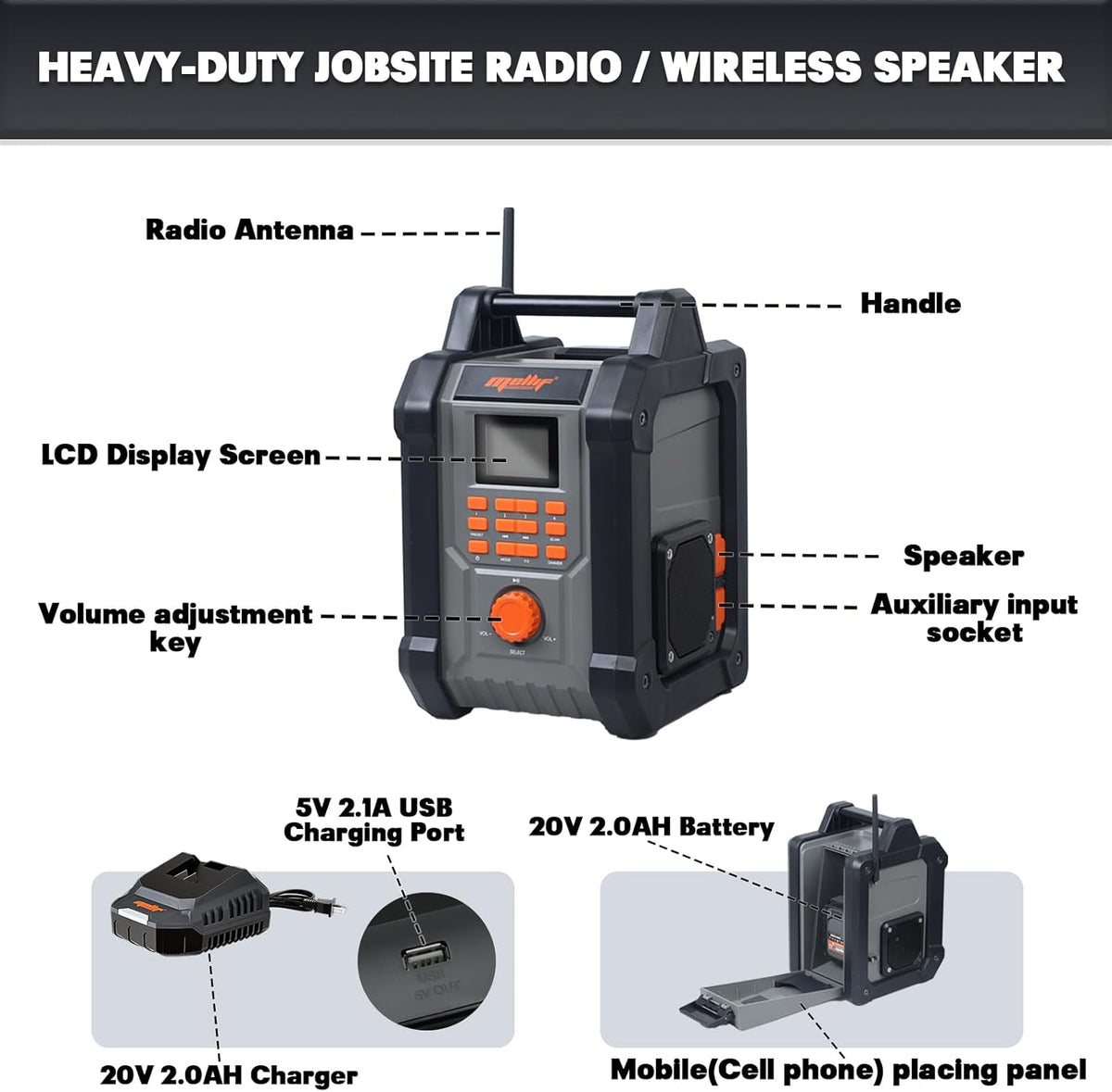 Mellif Jobsite Radio Speaker Compatible with Dewalt 20v Max Battery, Enhanced Signal Reception, 100ft Wireless Range, Stereo, IPX54 Waterproof, TWS, AM/FM Presets, 2.0 Battery & 18V AC Power Cord