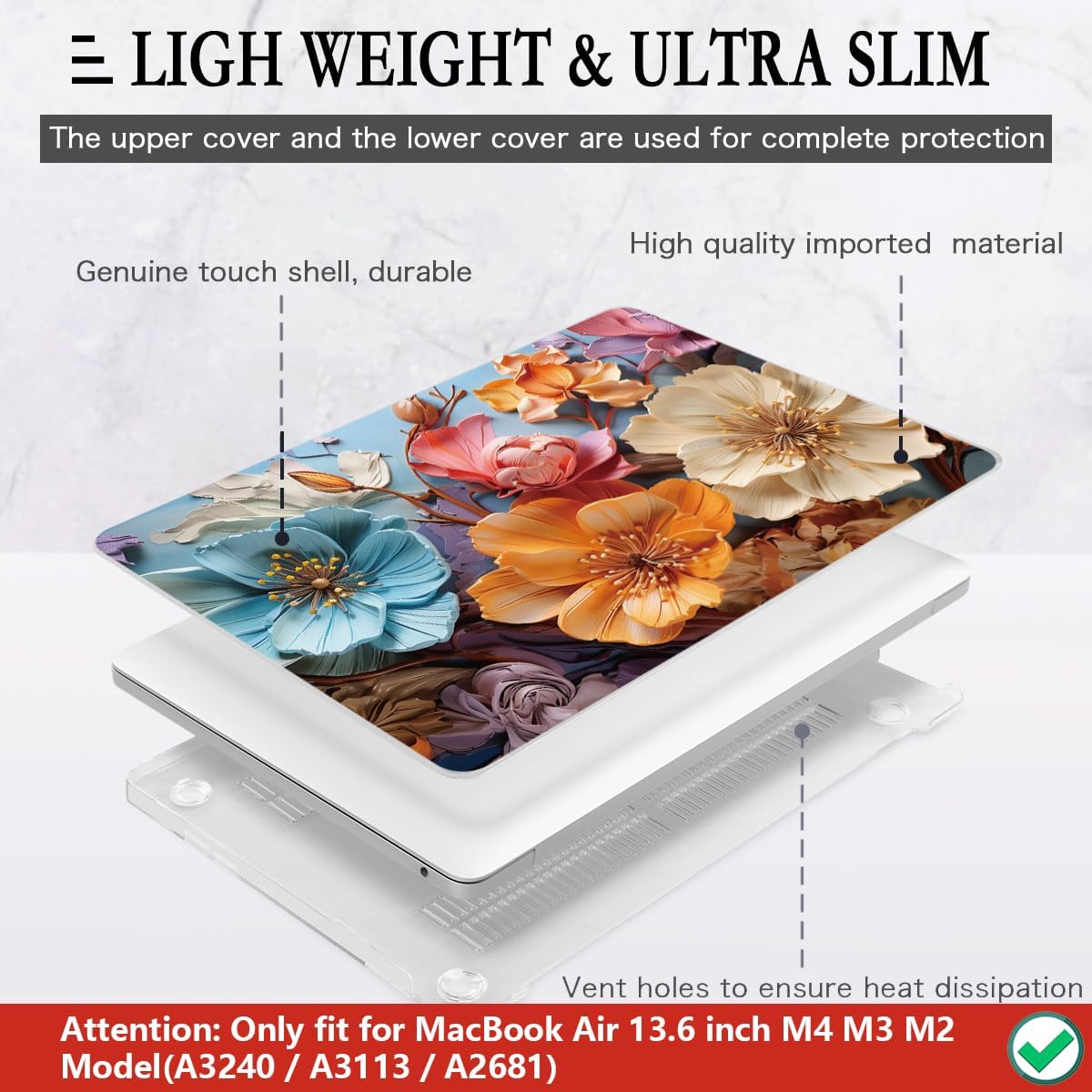 CISSOOK for MacBook Air 13 inch M2 M3 M4 Case 2022 2023 2024 2025 Release, Flower Hard Shell Cases with Keyboard Cover OTG Adapter for MacBook Air 13.6 inch A3240 M3113 A2681
