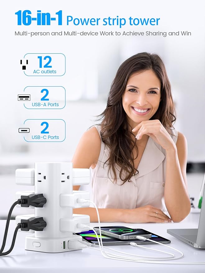 Flat Plug Power Strip Tower Surge Protector, 10FT Flat Extension Cord with Multiple Outlets, 12 AC Outlets, 4 USB Ports (2 USB C) Charging Station for Office Home Dorm Room Travel (White)