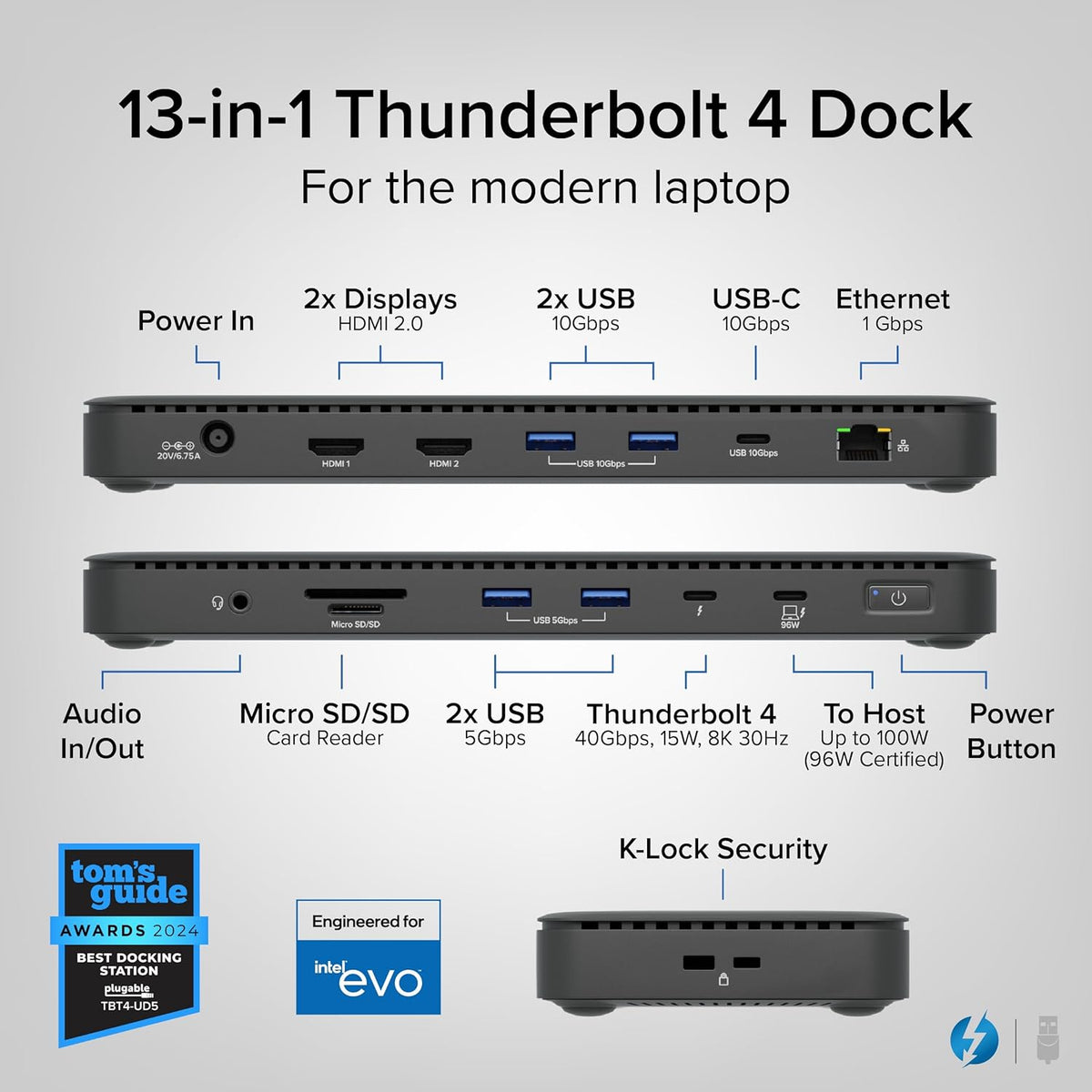Plugable Thunderbolt 4 Dock with 100W Charging, Thunderbolt Certified, Laptop Docking Station Dual Monitor Single 8K or Dual 4K HDMI for Windows and Mac, 4X USB, Gigabit Ethernet (TBT4-UD5)