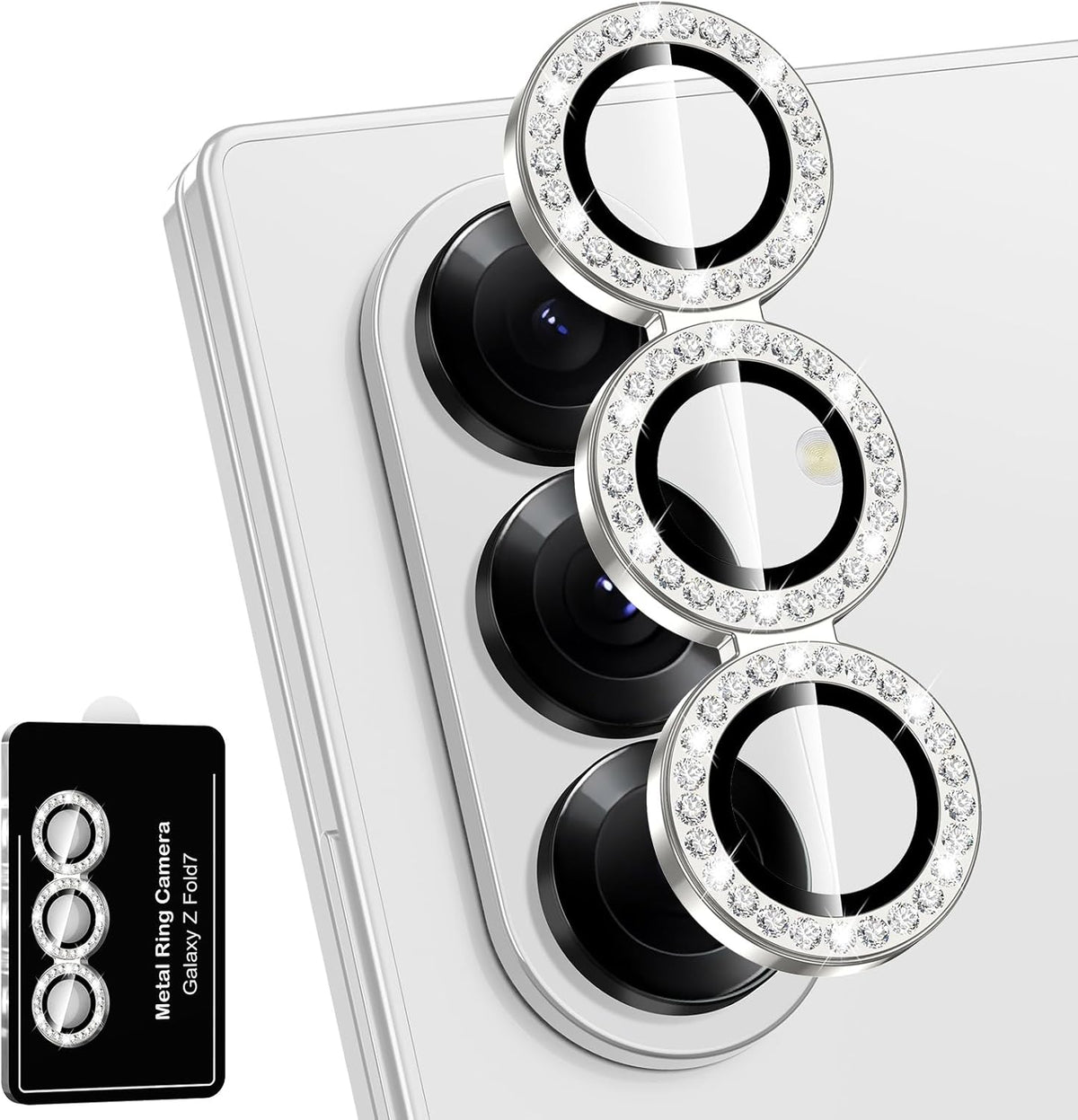 for Samsung Galaxy Z Fold 7 Camera Lens Protector, Individual Metal Ring Tempered Glass Lens Cover, [Strong Adsorption] Scratch Resistant Ultra-Thin HD Clear Lens Cover, 1 Set-Slivery Diamond