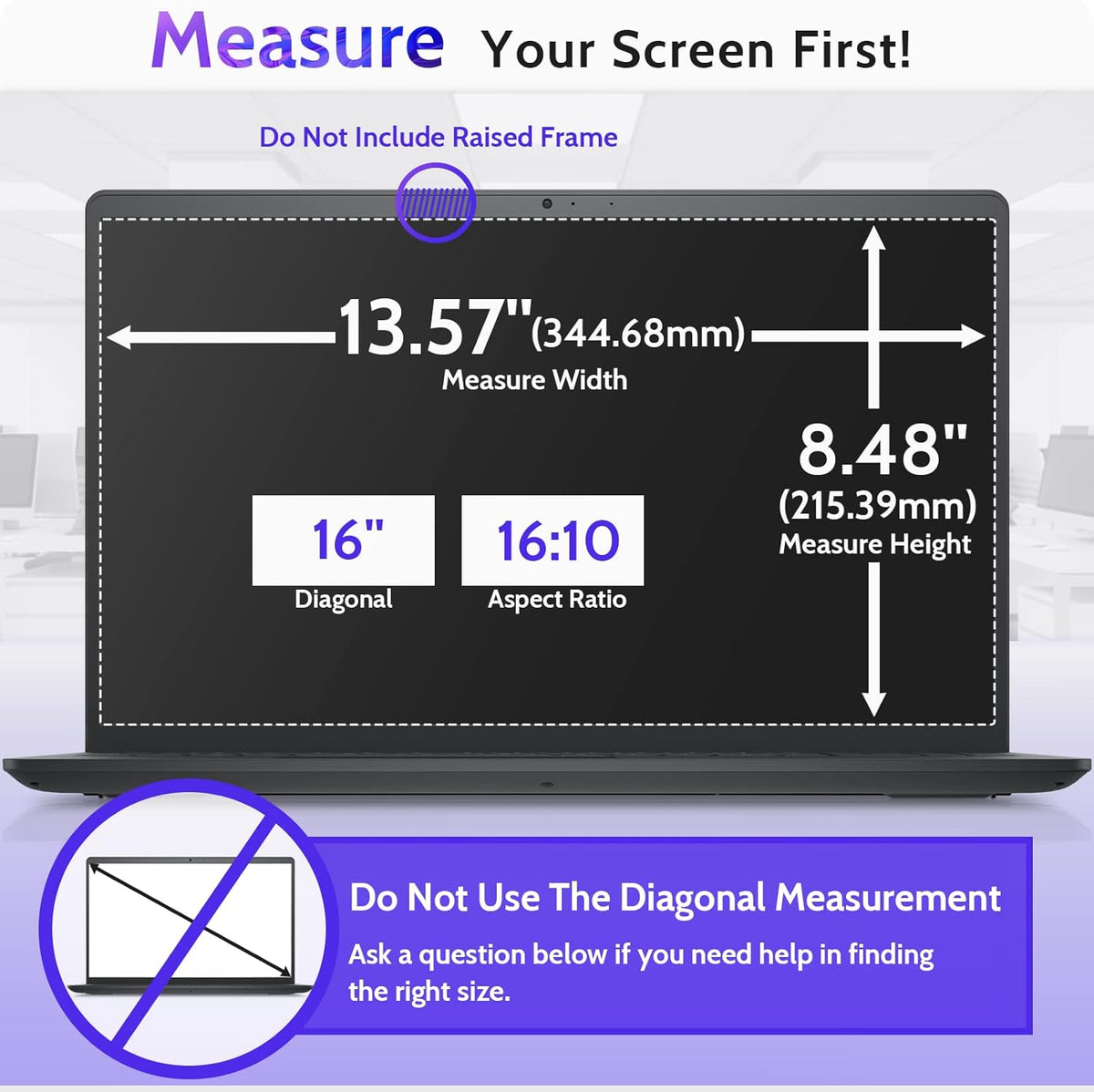 16 Inch Laptop Privacy Screen Compatible with Lenovo Hp Dell Acer Asus Thinkpad Envy Xps Computer 16:10 Aspect, Removable Anti Glare Blue Light Filter Protector, 16" Monitor Security Shield