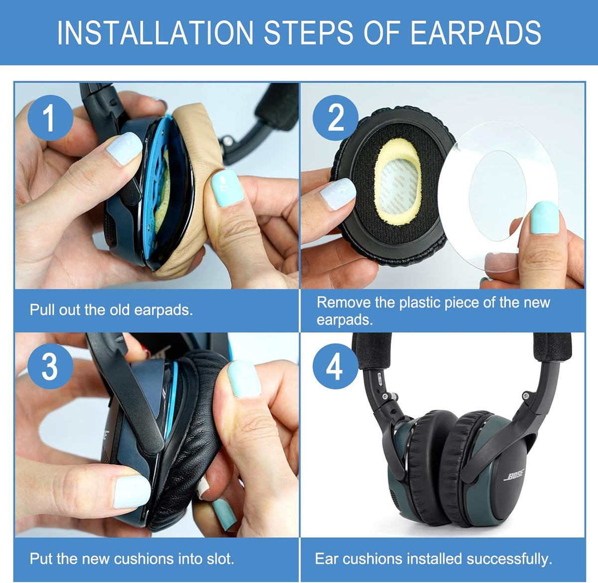 GEVO Ear Pads Cushions Replacement for Bose On-Ear 2 Headphones,Earpads for Bose OE2/OE2i/SoundTrue On-Ear/SoundLink, Earpads with High Dense Noise Isolation Foam,Protein Leather,Black&Blue
