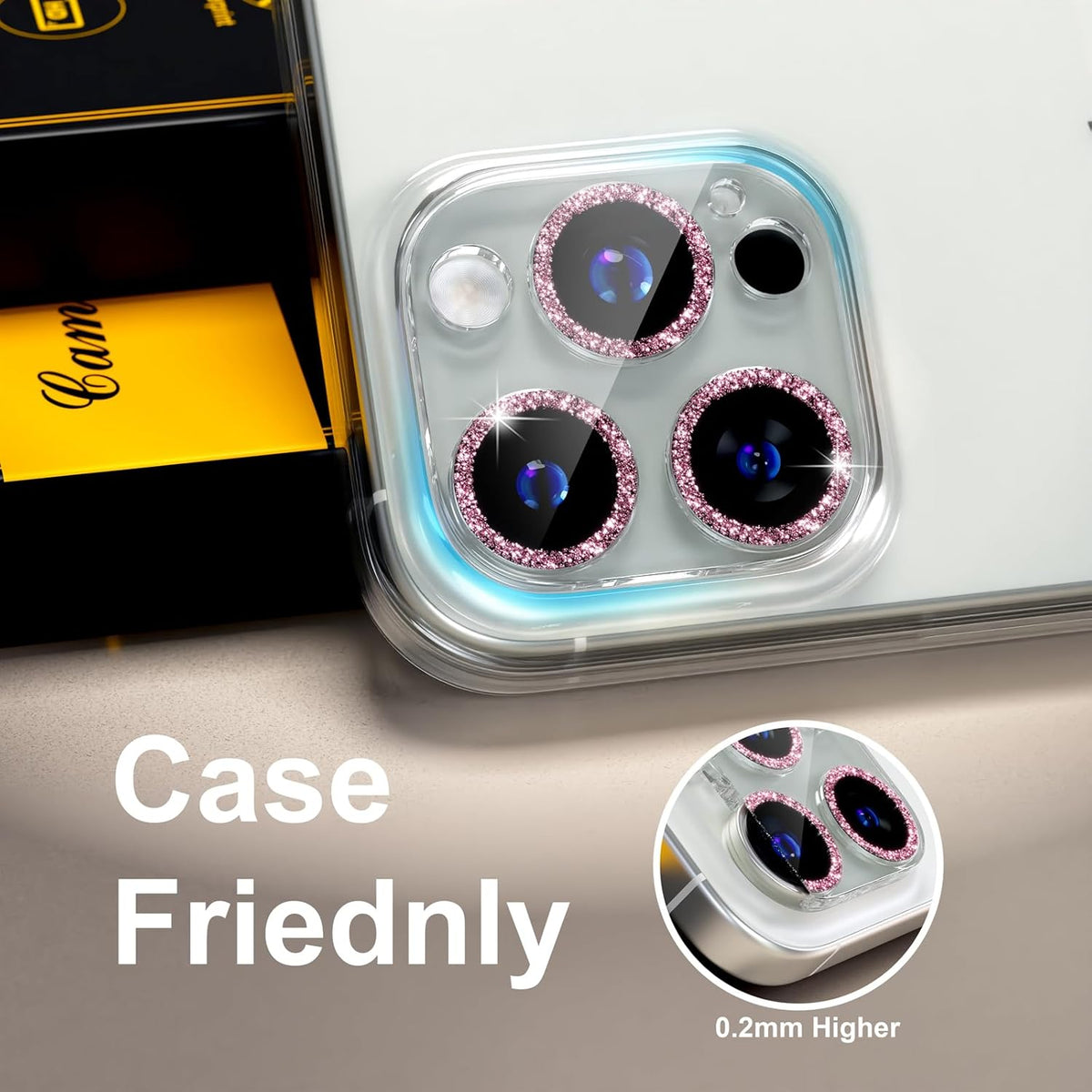beuxece for 6 Pack iPhone 15 Pro/iPhone 15 Pro Max Camera Lens Protector [Drop Protection] [Case Friendly] [Easy Installation] 9H Tempered Glass Camera Screen Protector Cover, Glitter Pink