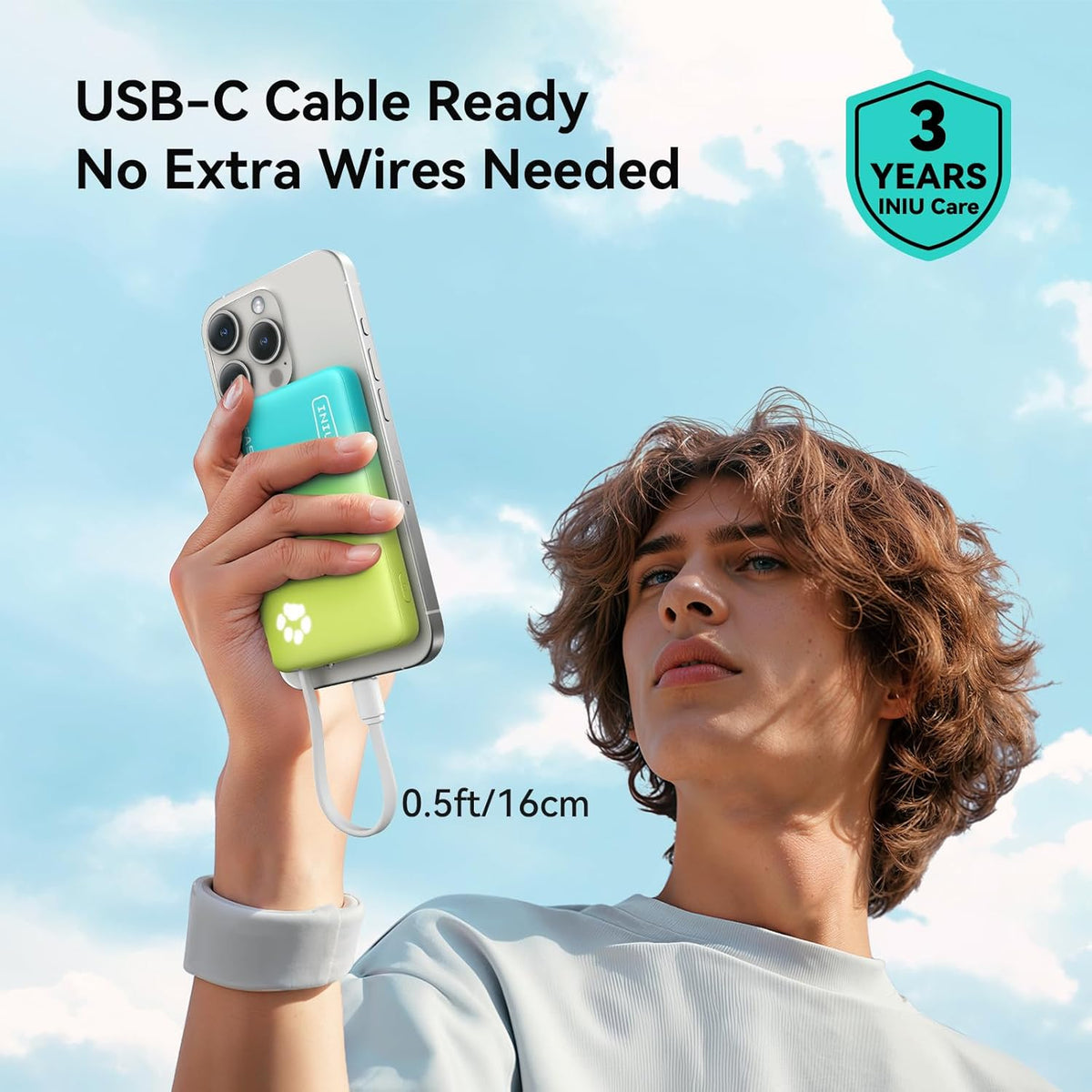 INIU PawGo Portable Charger, 45W PD 10000mAh Fast Charging Slim Power Bank, Built-in USB C Cable Battery Pack, Travel Essentials Powerbank for iPhone 16/15 Pro Max, Samsung S25/S24 etc, Tropic Punch